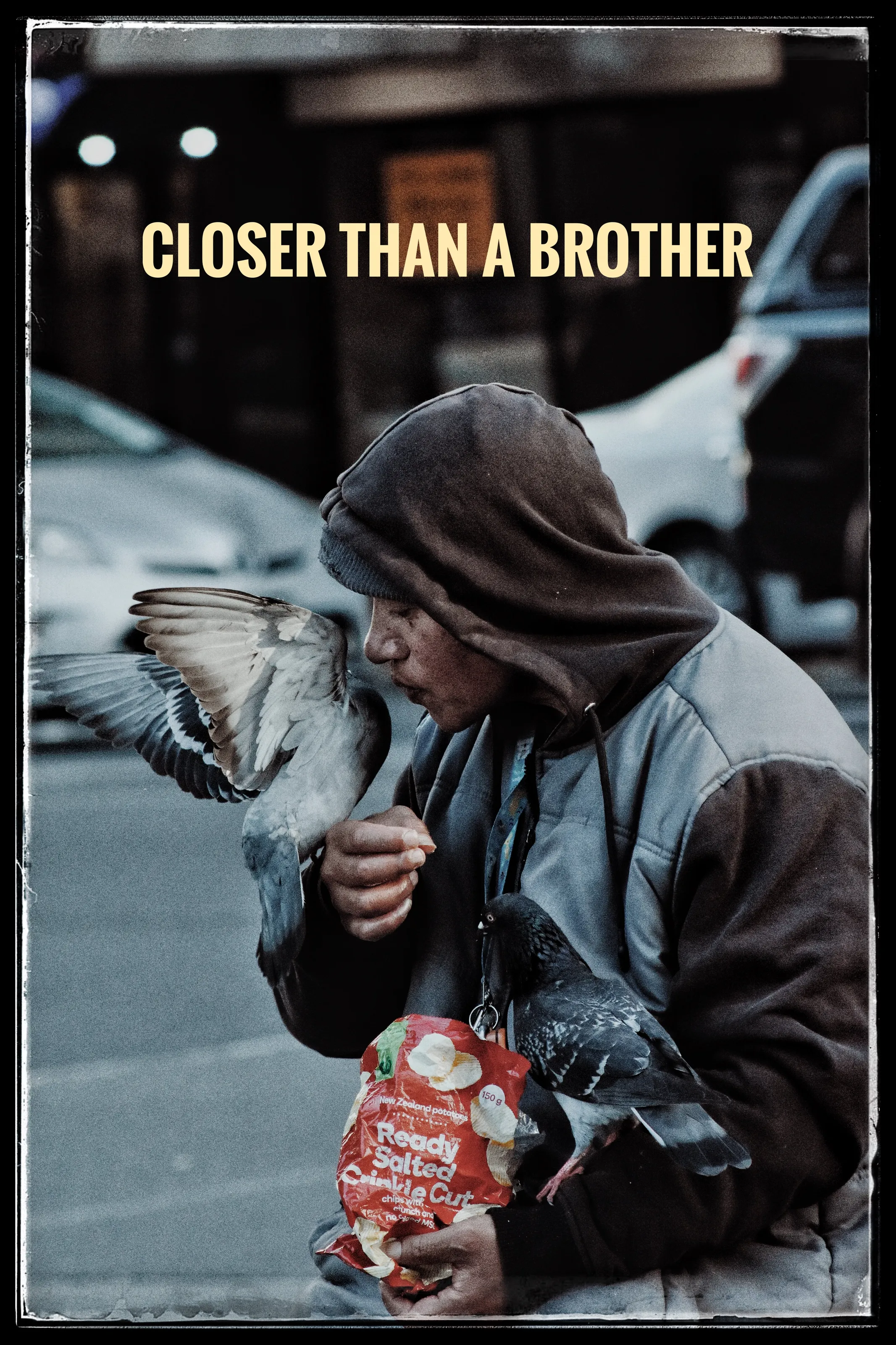 Homeless man with pigeon