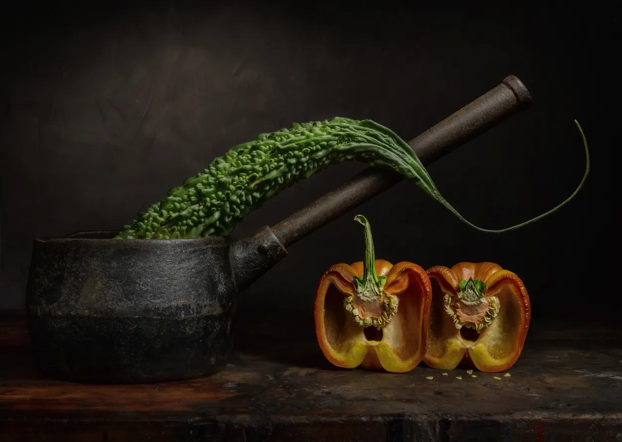 Bitter Melon Fruit with Cut Pepper