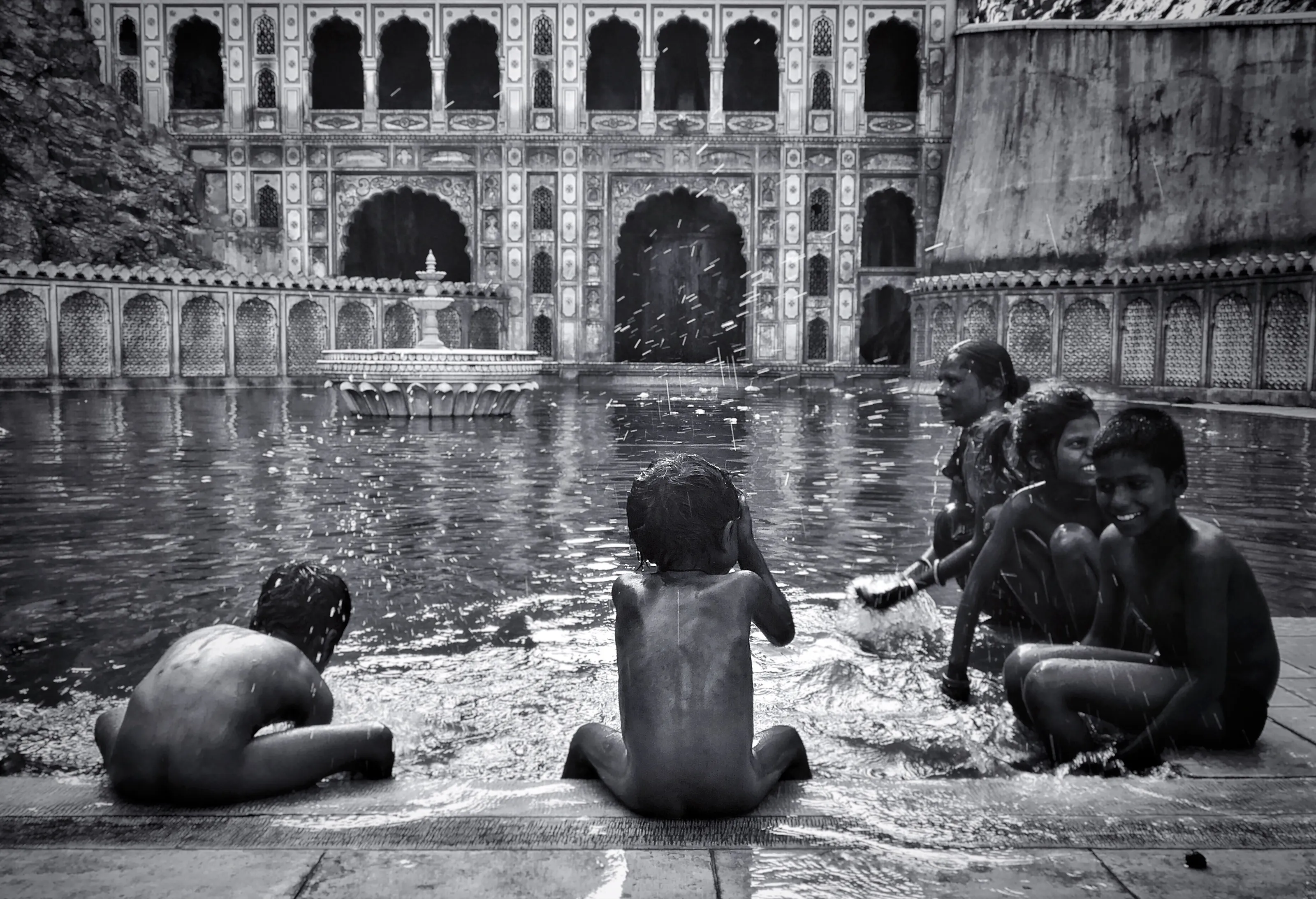 Family Bathing at the Monkey Temple Jaipur