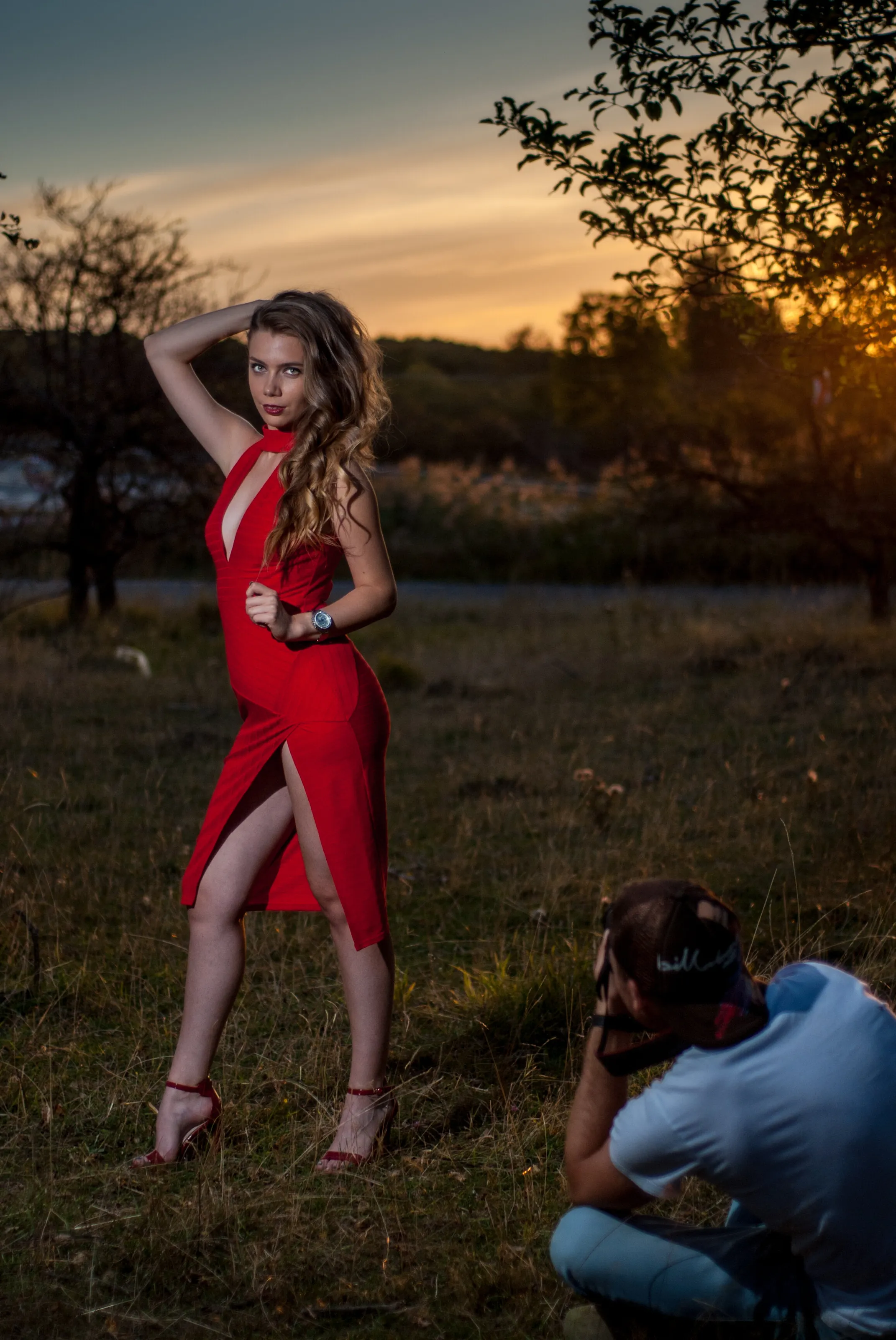 Lady in red at sunset