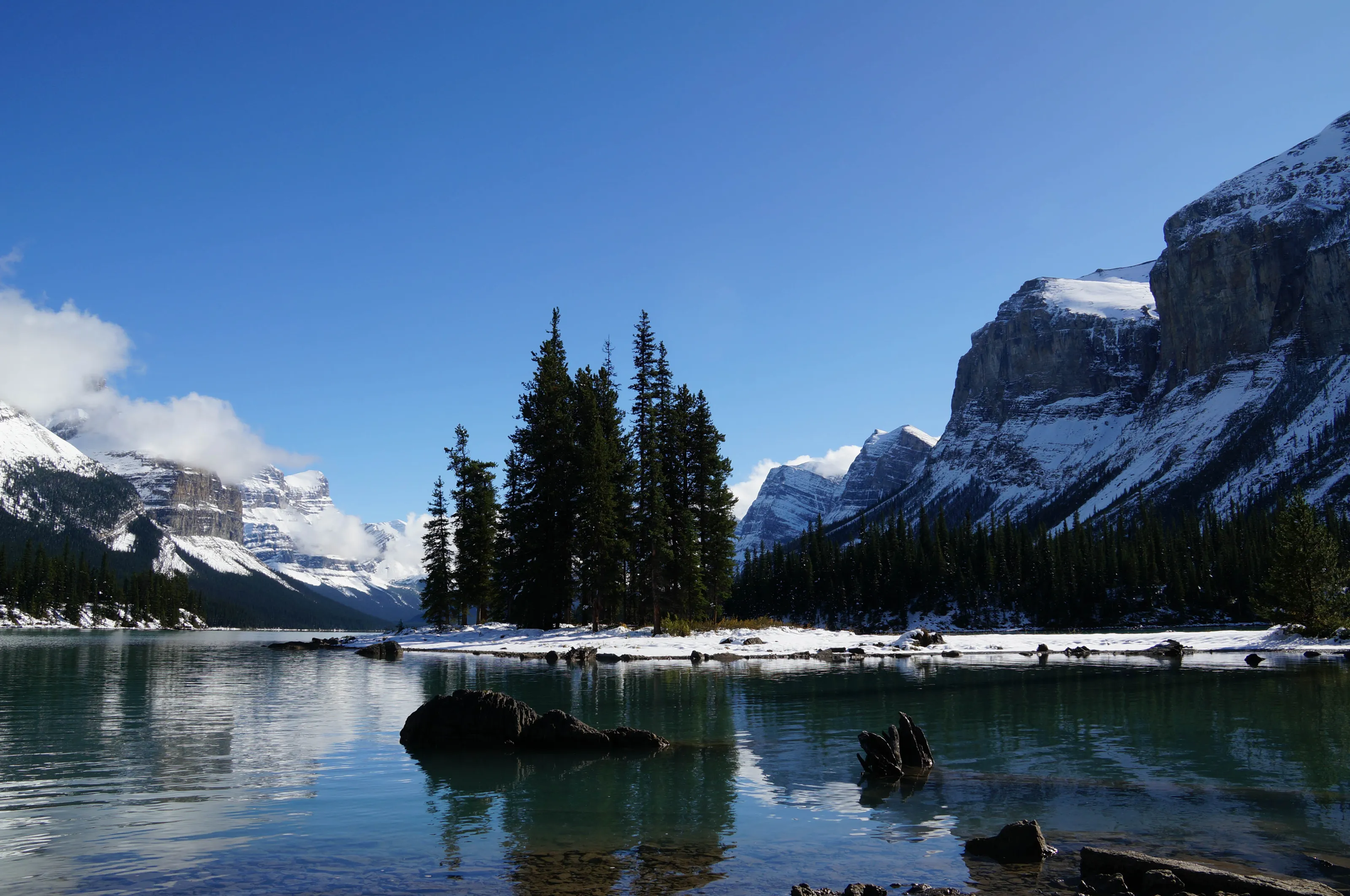 The first snowfall of 2017 in Spirit Island (Jasper National Park), Alberta Canada