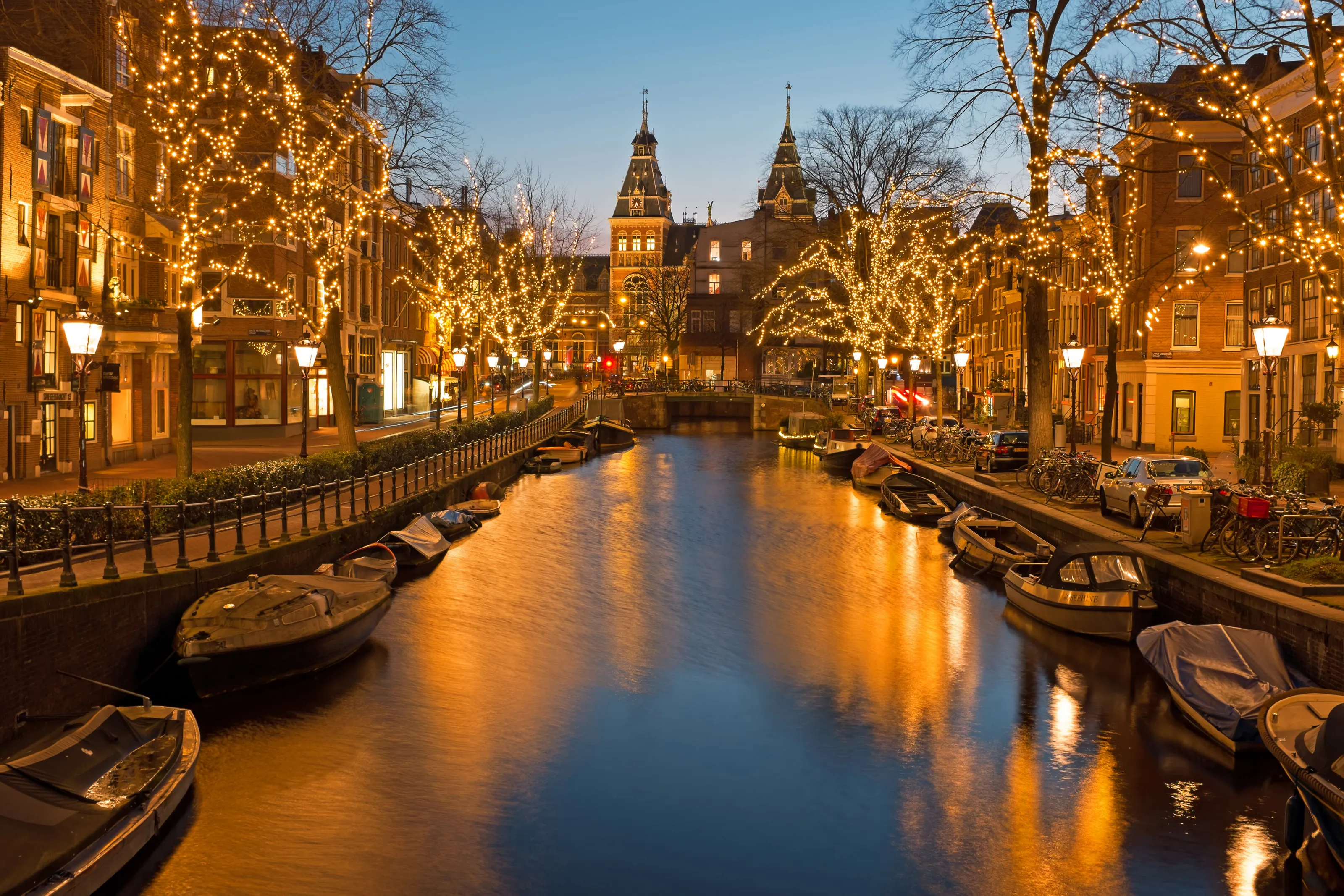 The Rijksmuseum in christmas time in Amsterdam the Netherlands at sunset