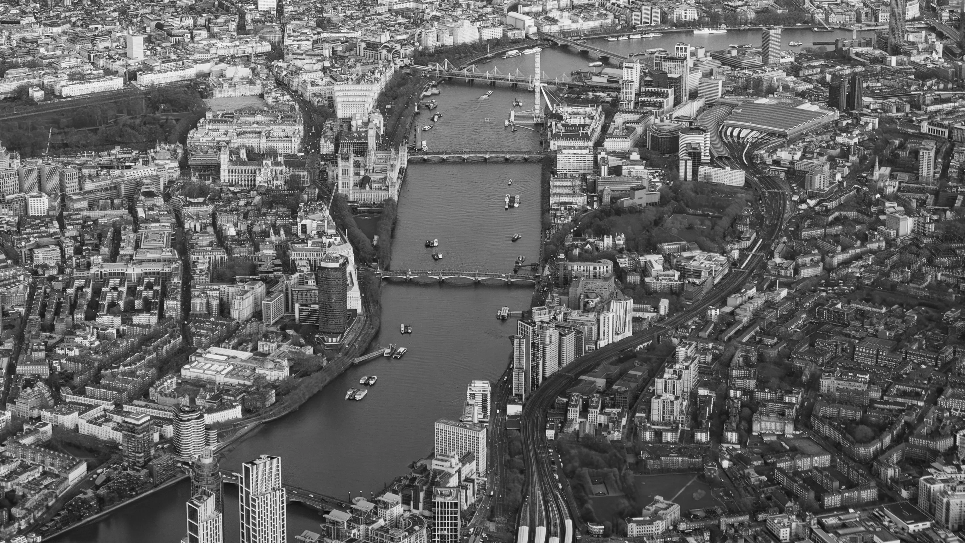 Buildings on a River in Black and White