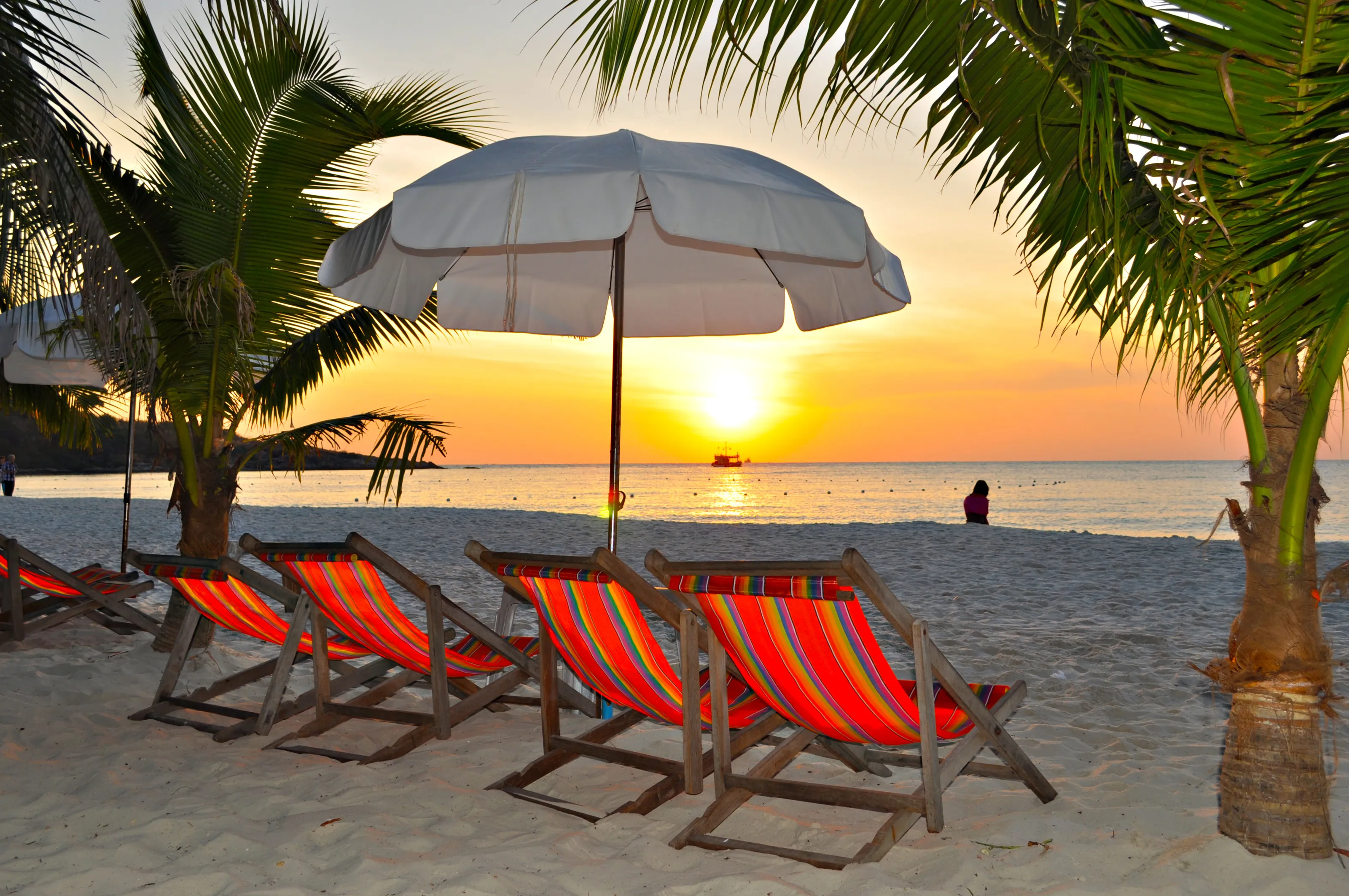 Deck chairs at sunset