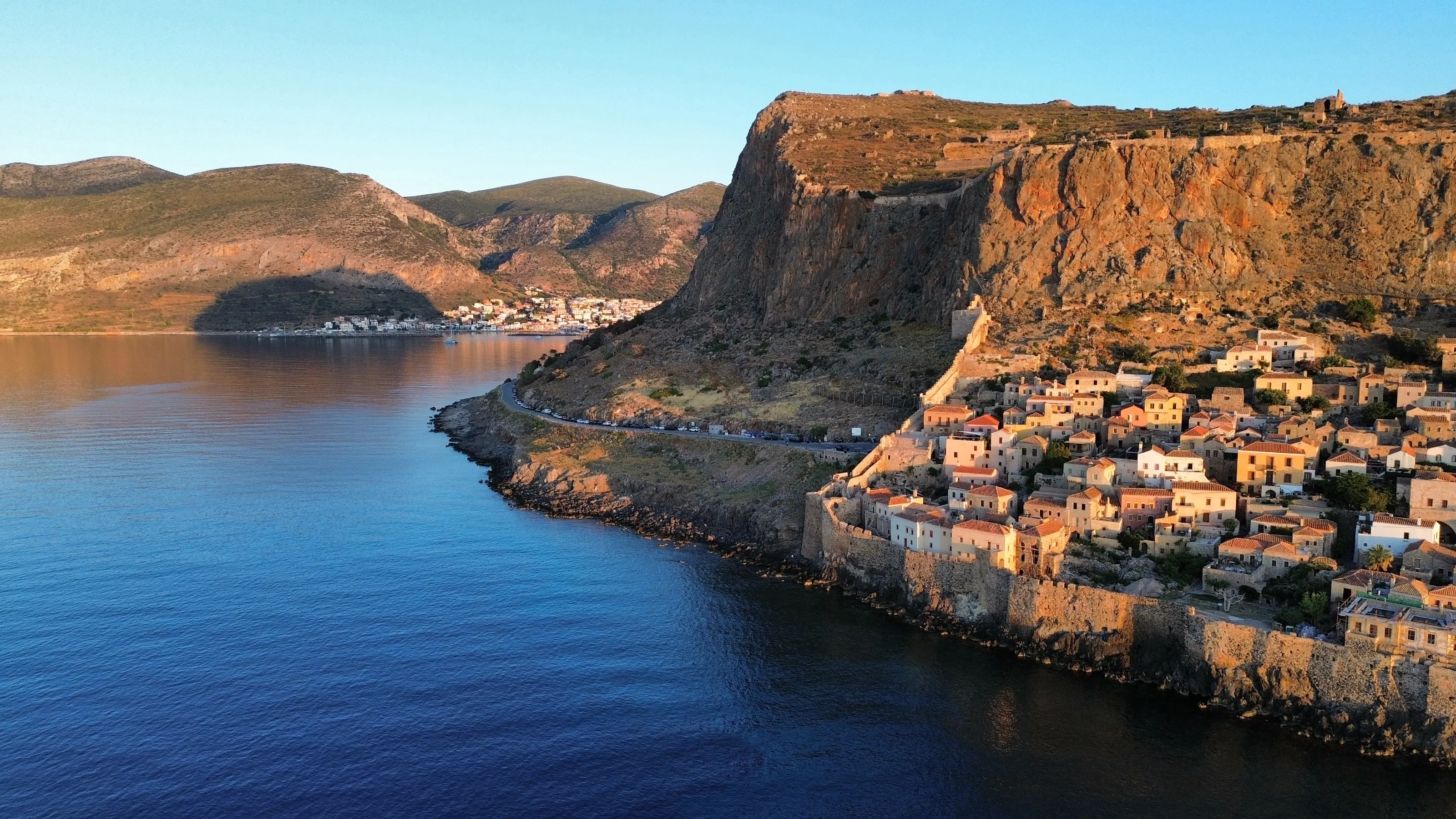 Monemvasia medieval town during sunrise light