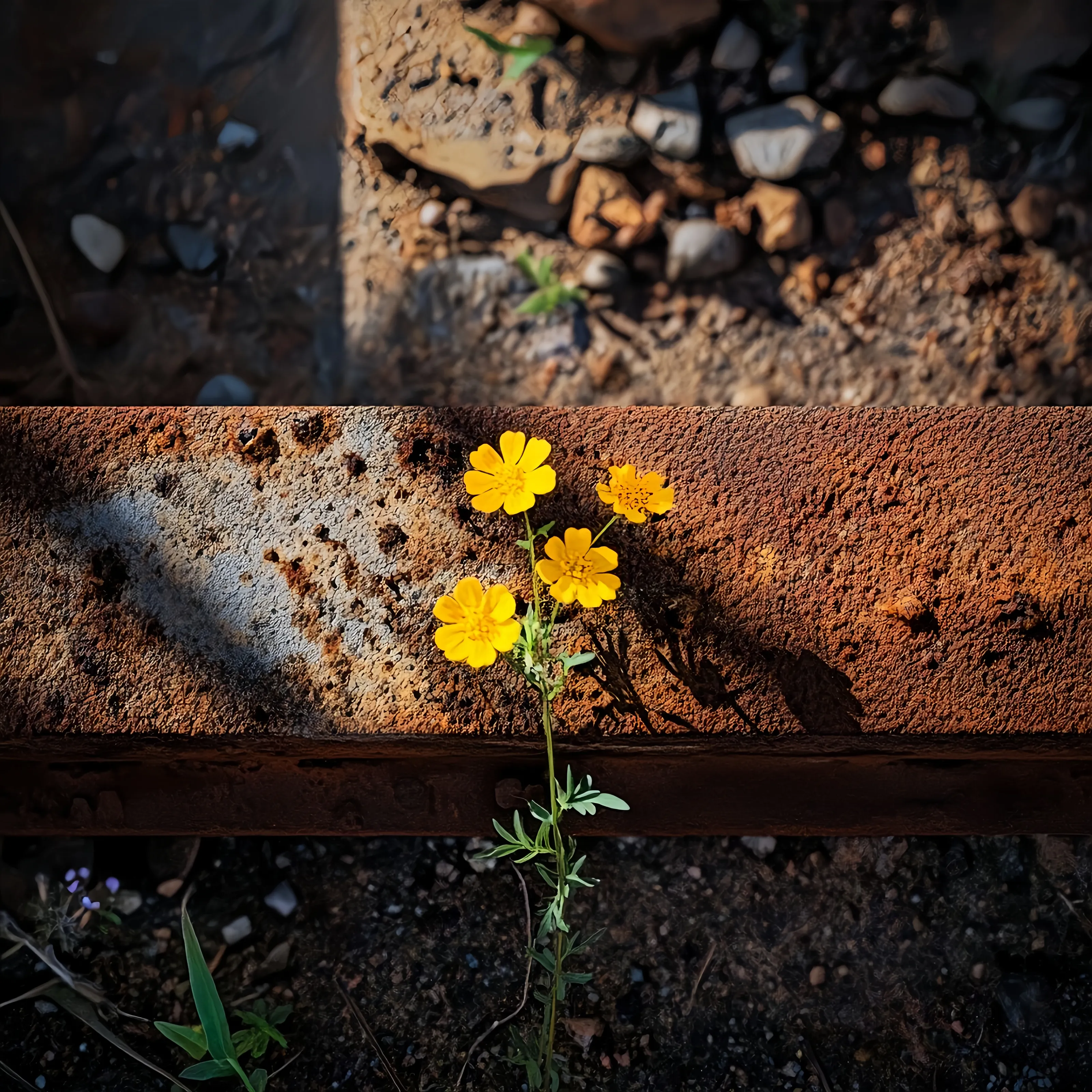 Decayed steel and new wild flowers