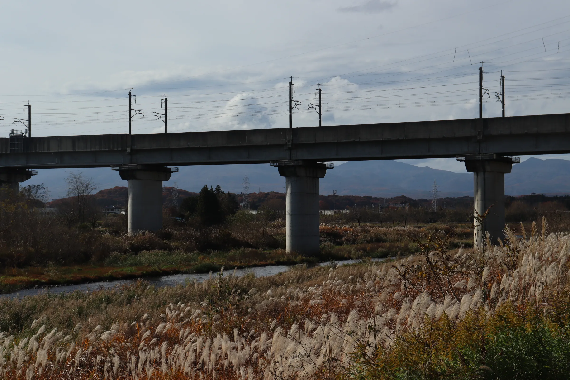 Bullet Train Tracks Above a River and Field