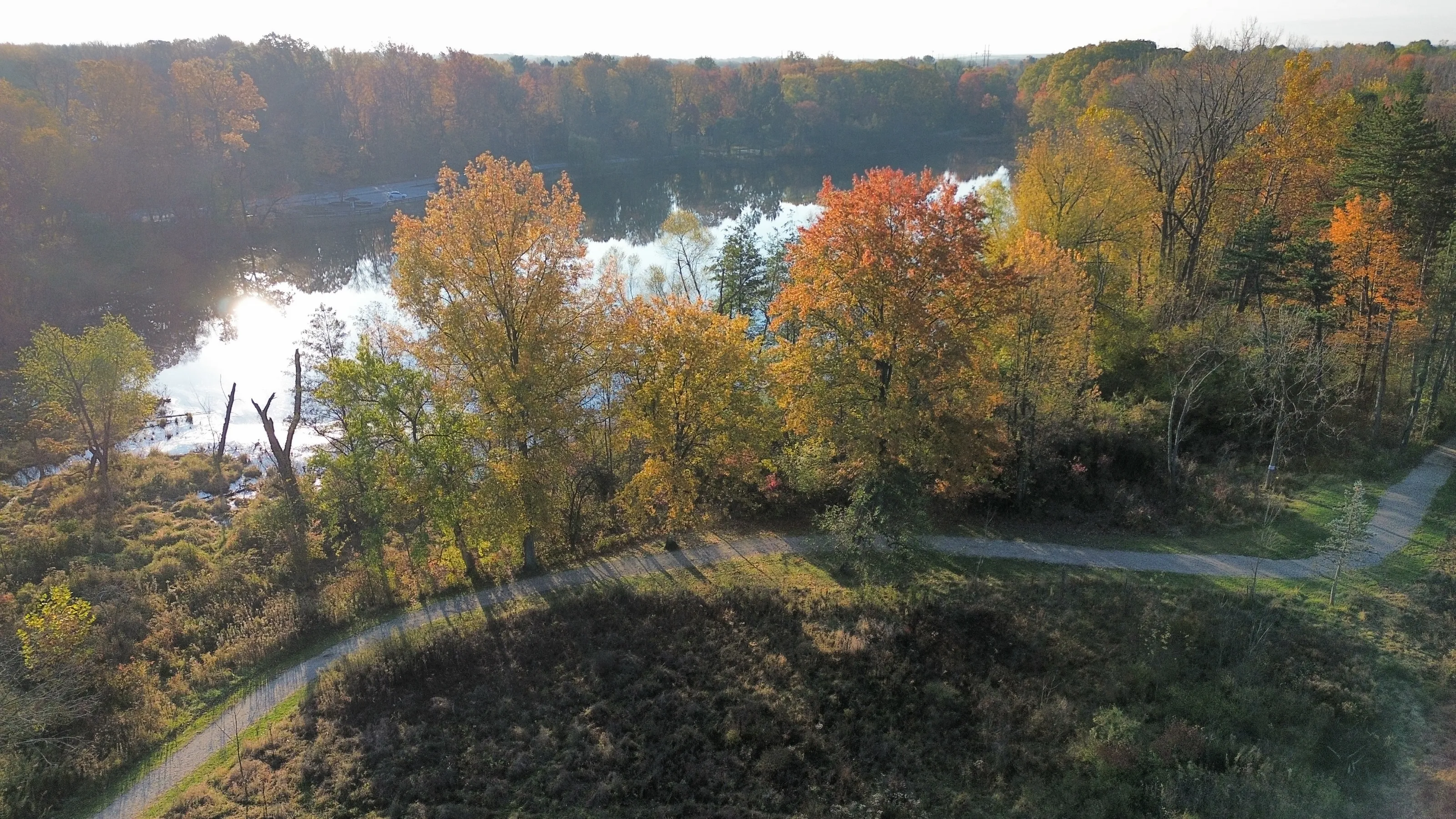 Fall themed landscape with pond in the background