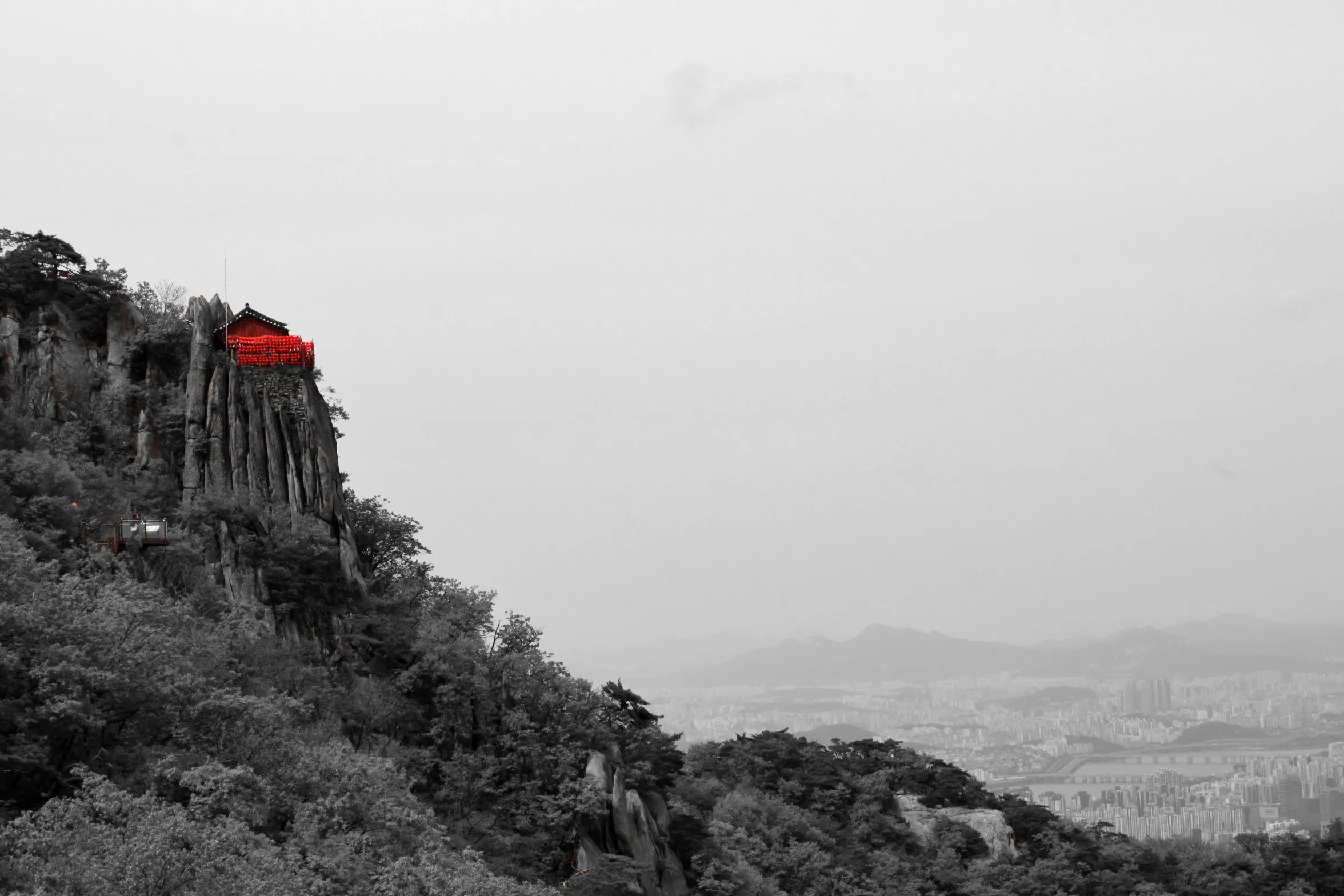 Temple by the cliff - black and white