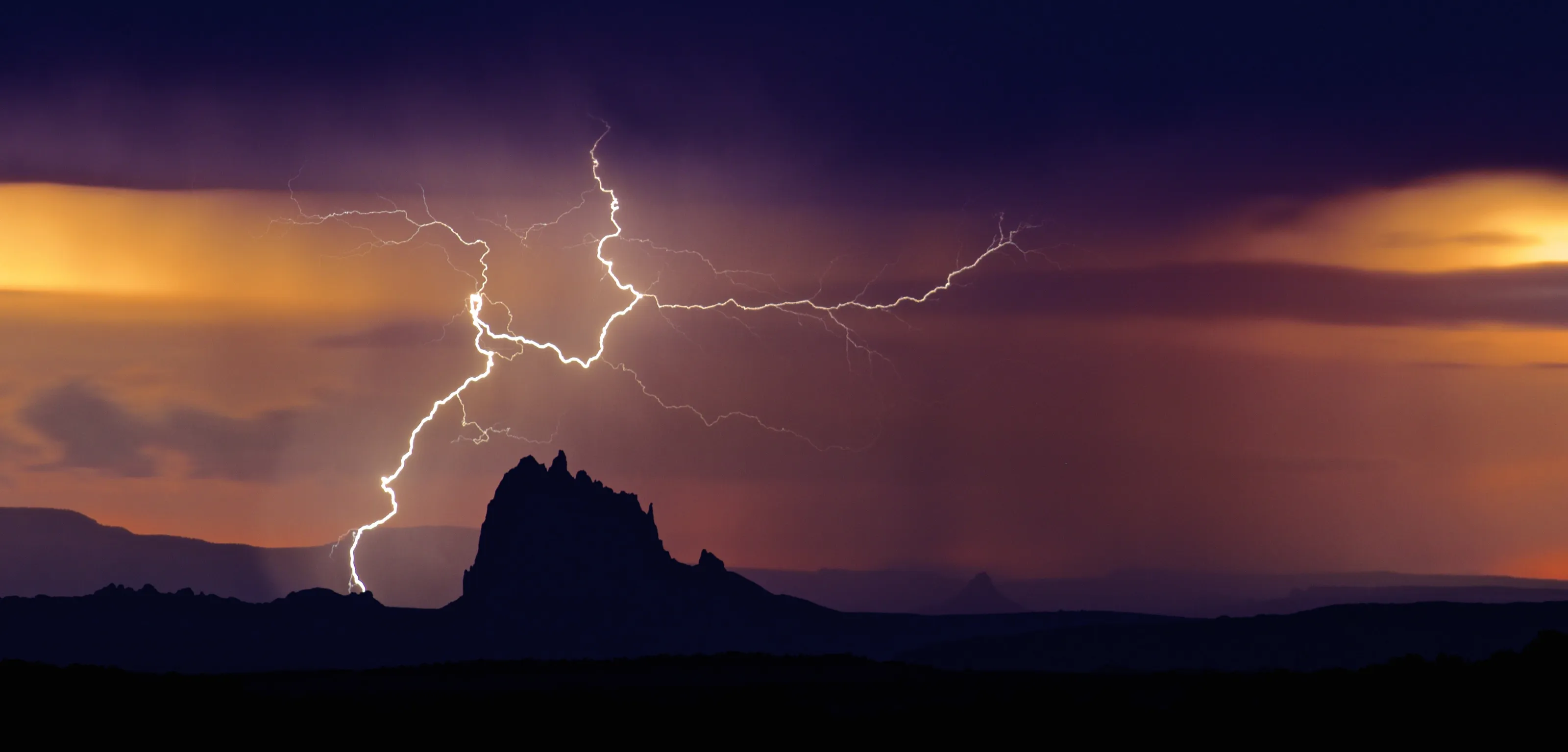 Shiprock, Lighting and rain at lastlight.