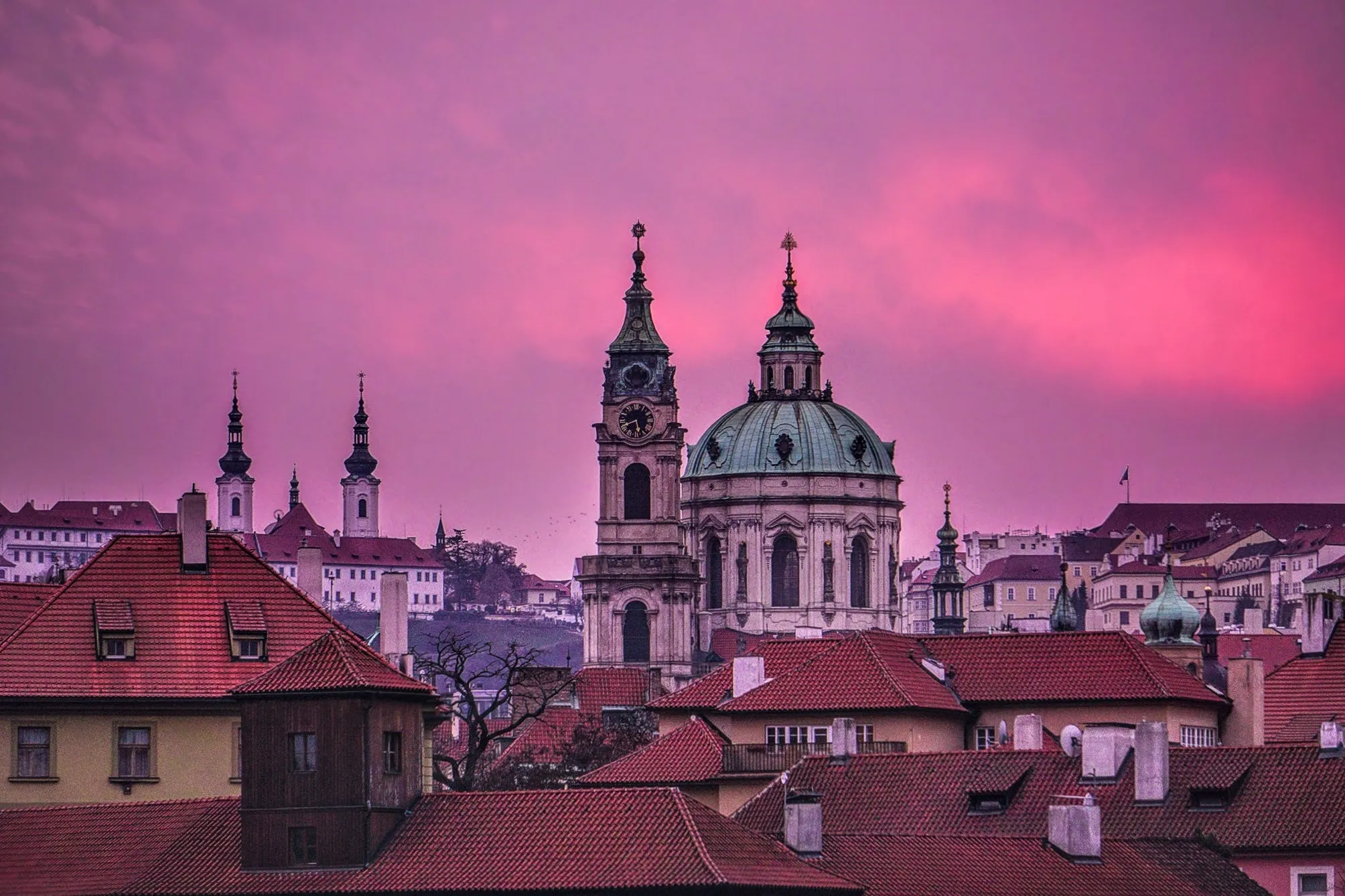 Magenta skies over Prague