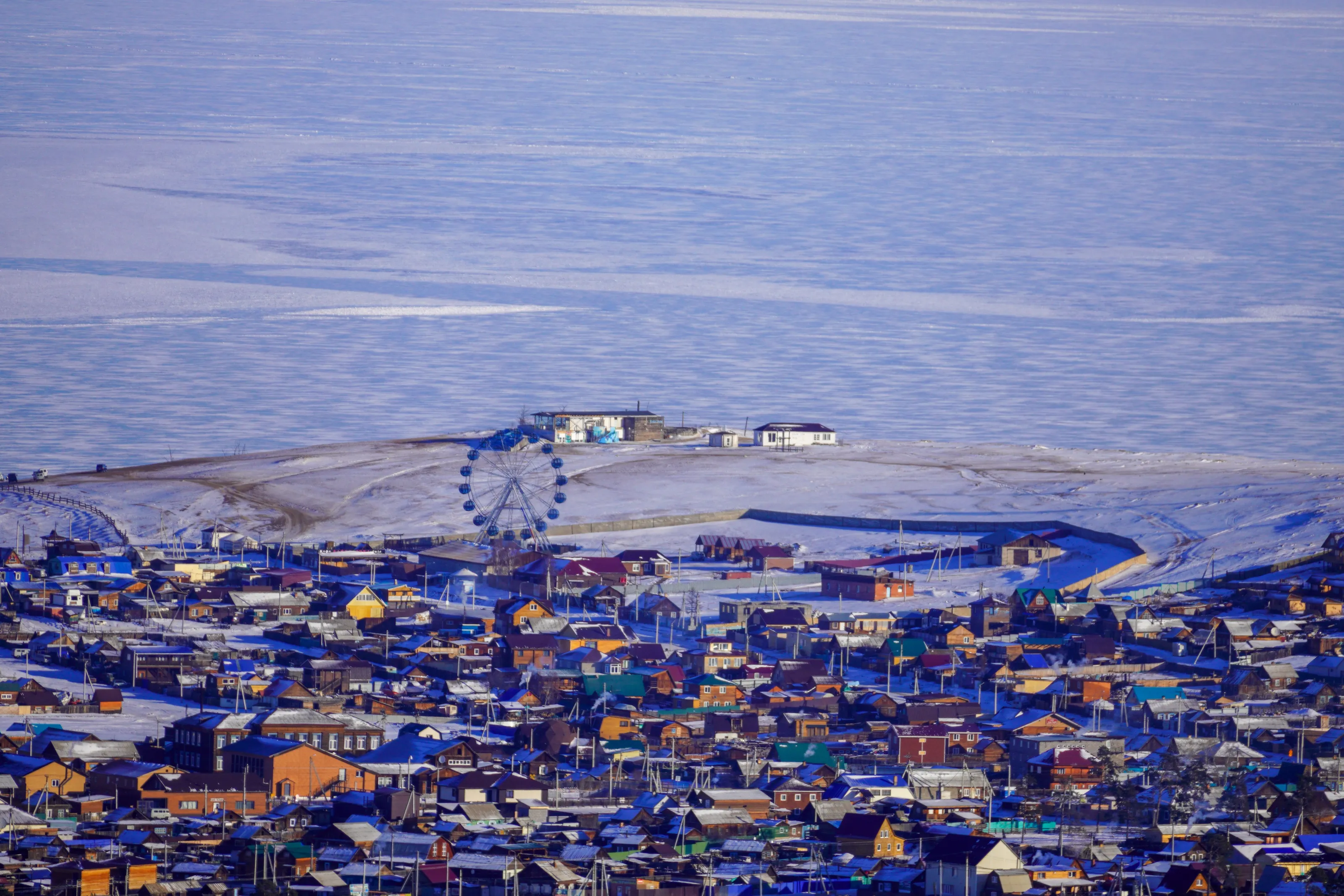 Khuzhir village next to the frozen Baikal lake