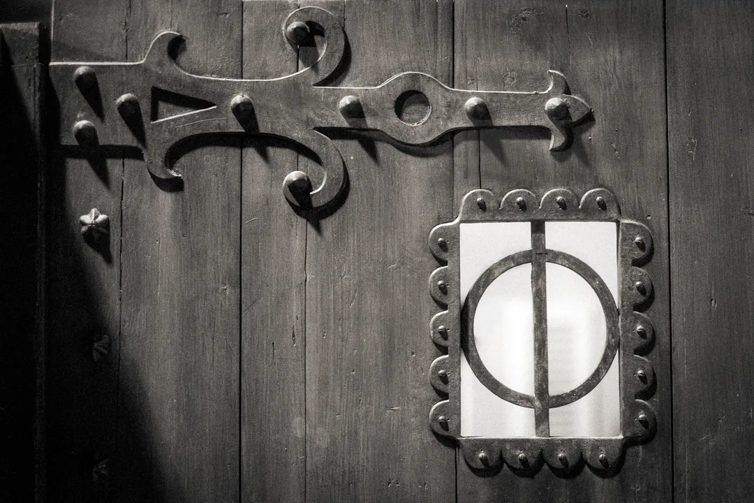 Old Wooden Door Hinge and Peephole