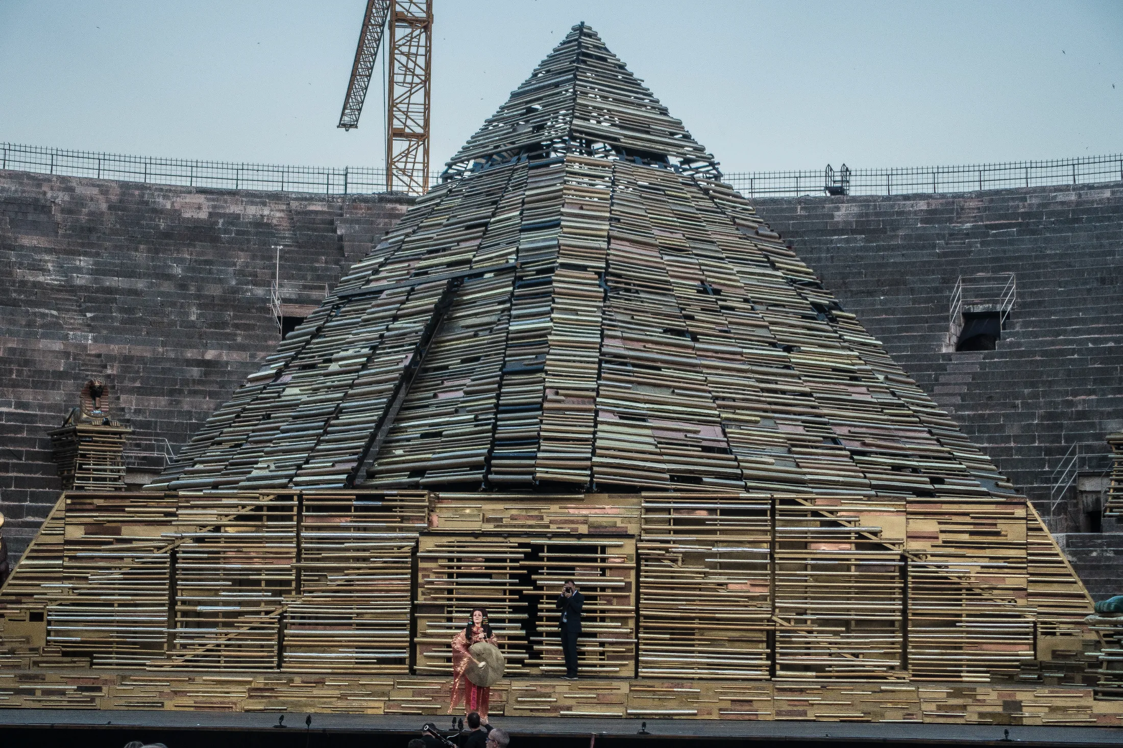 Opera stage with pyramid in Arena, set for Aida. Verona, Veneto, Italy.