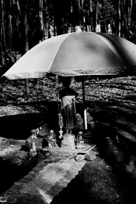UMBRELLAS 02 : small Buddha statue is protected against sun and rain