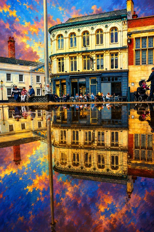 A Colourful Lively Square With Reflections