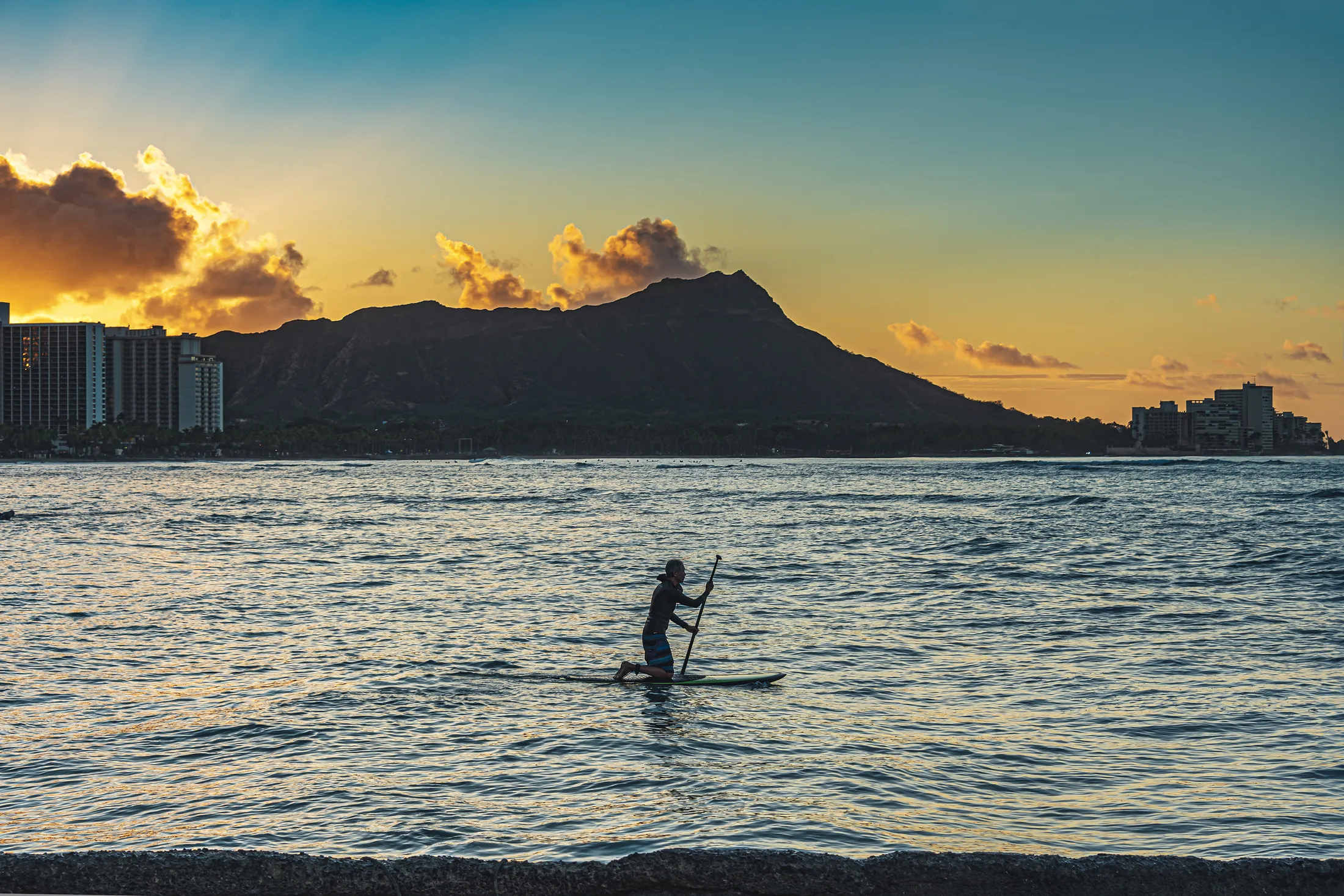 Paddle Boarder and Diamond Head at Sunrise