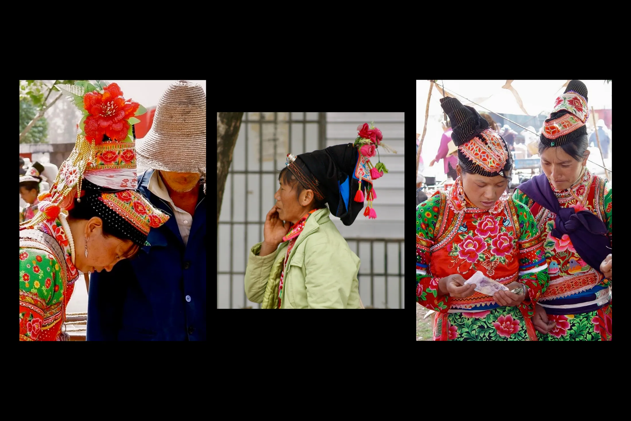 Three Yi women wearing their hats