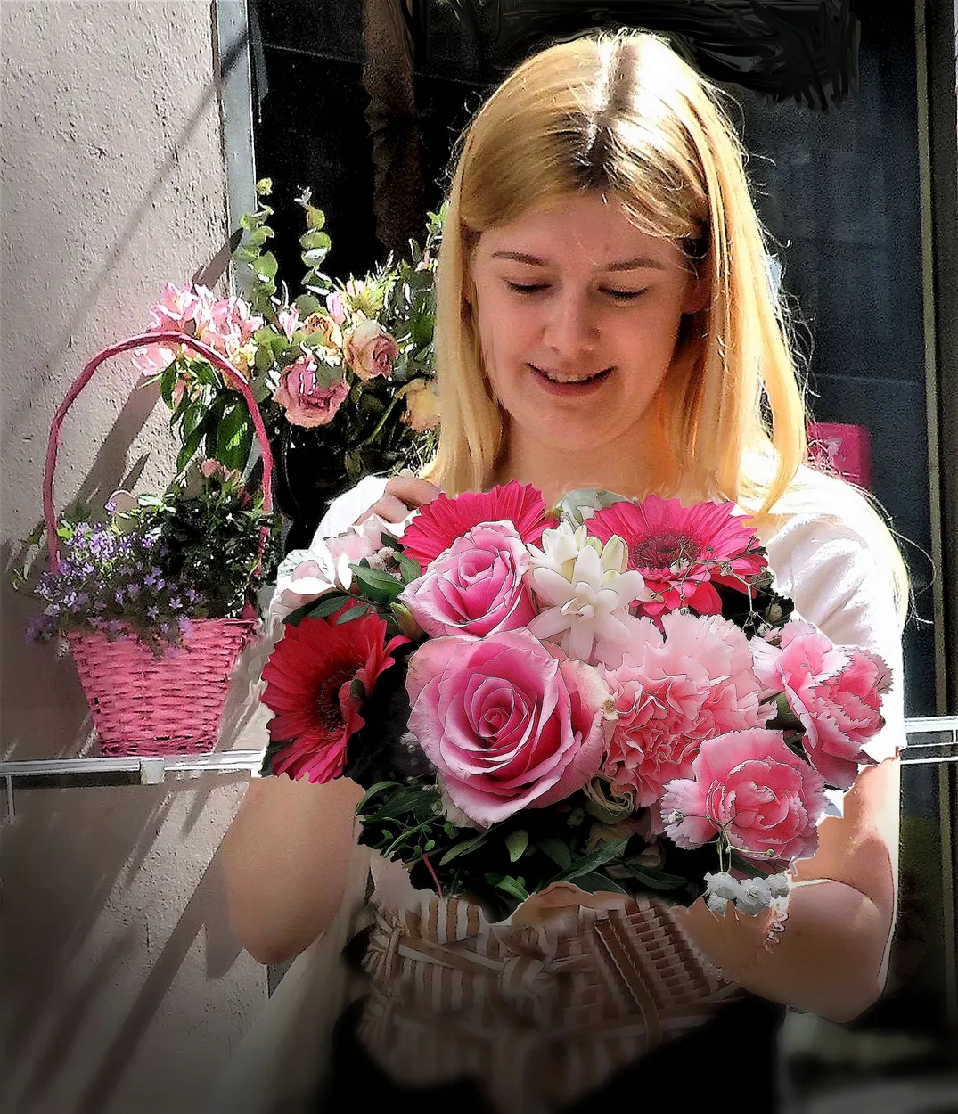 With a bouquet of roses