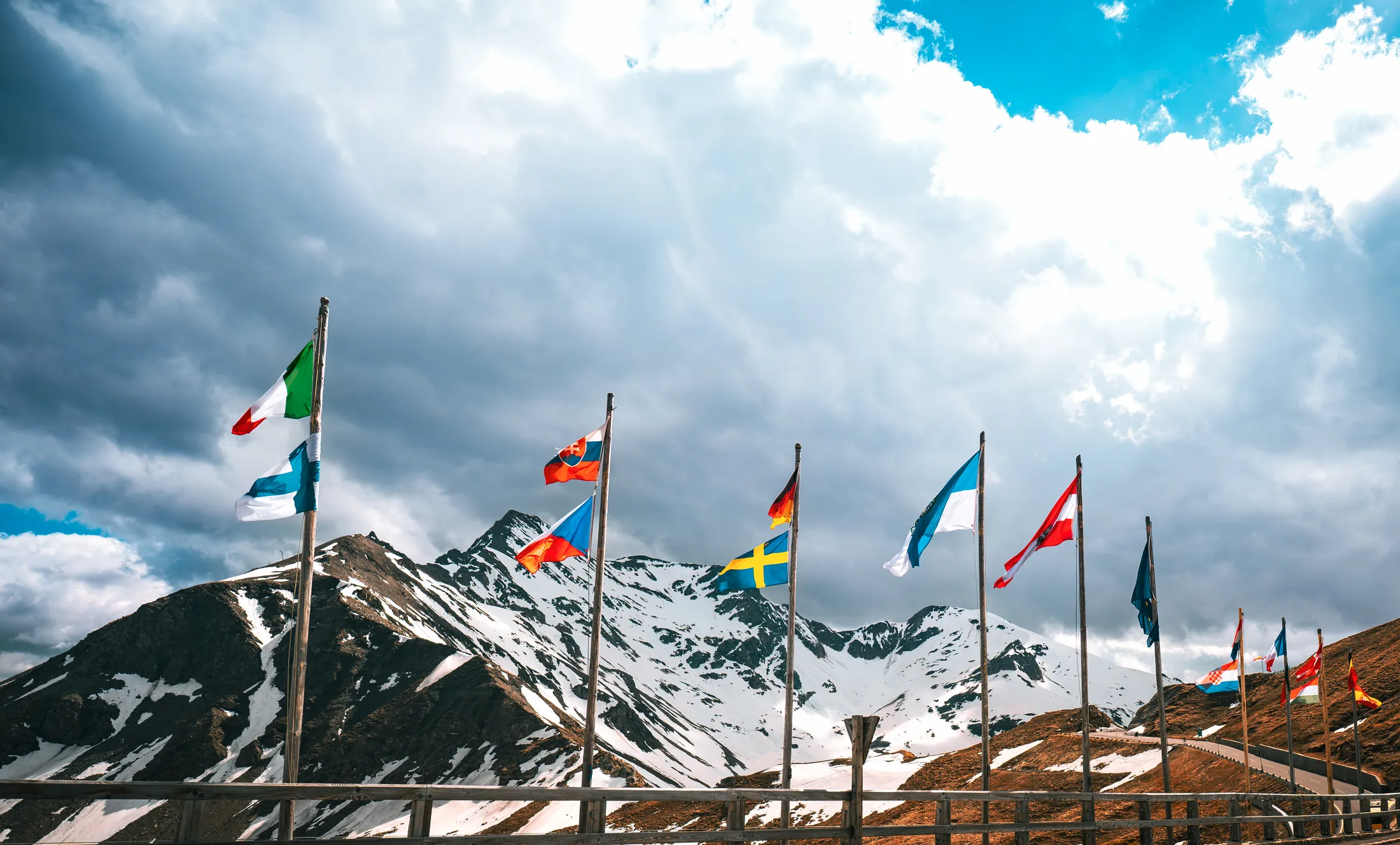 Austrian Alps Snow and Flags