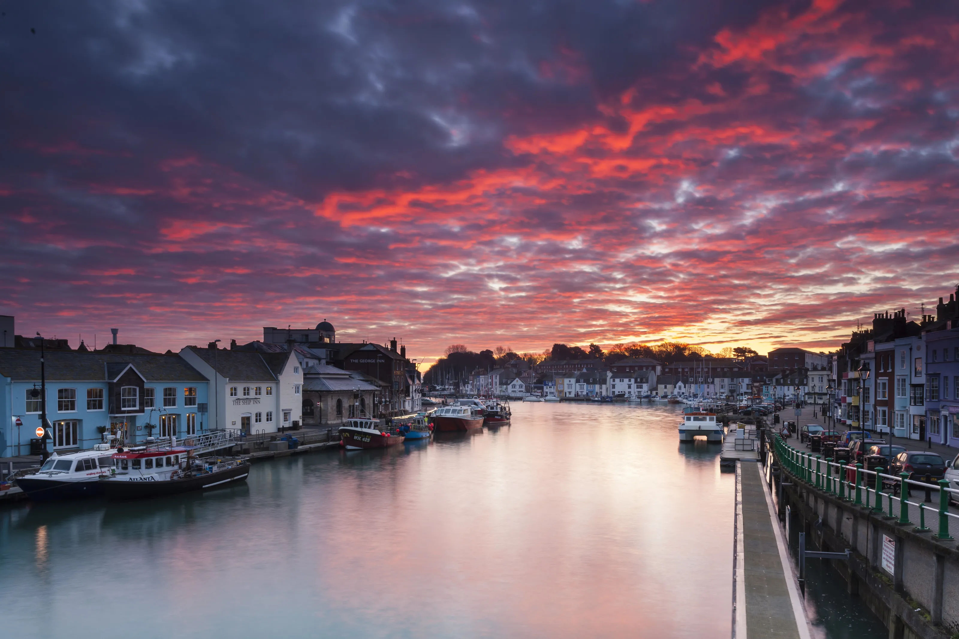 Weymouth Harbour in Dorset, England early Morning in March.