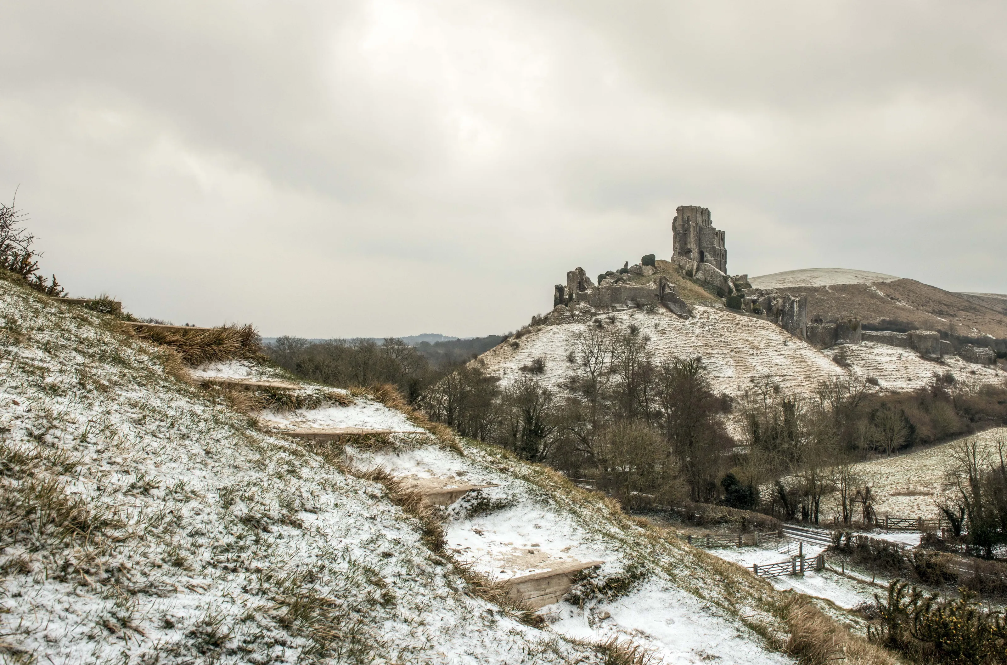 Corfe Castle dusted with snow