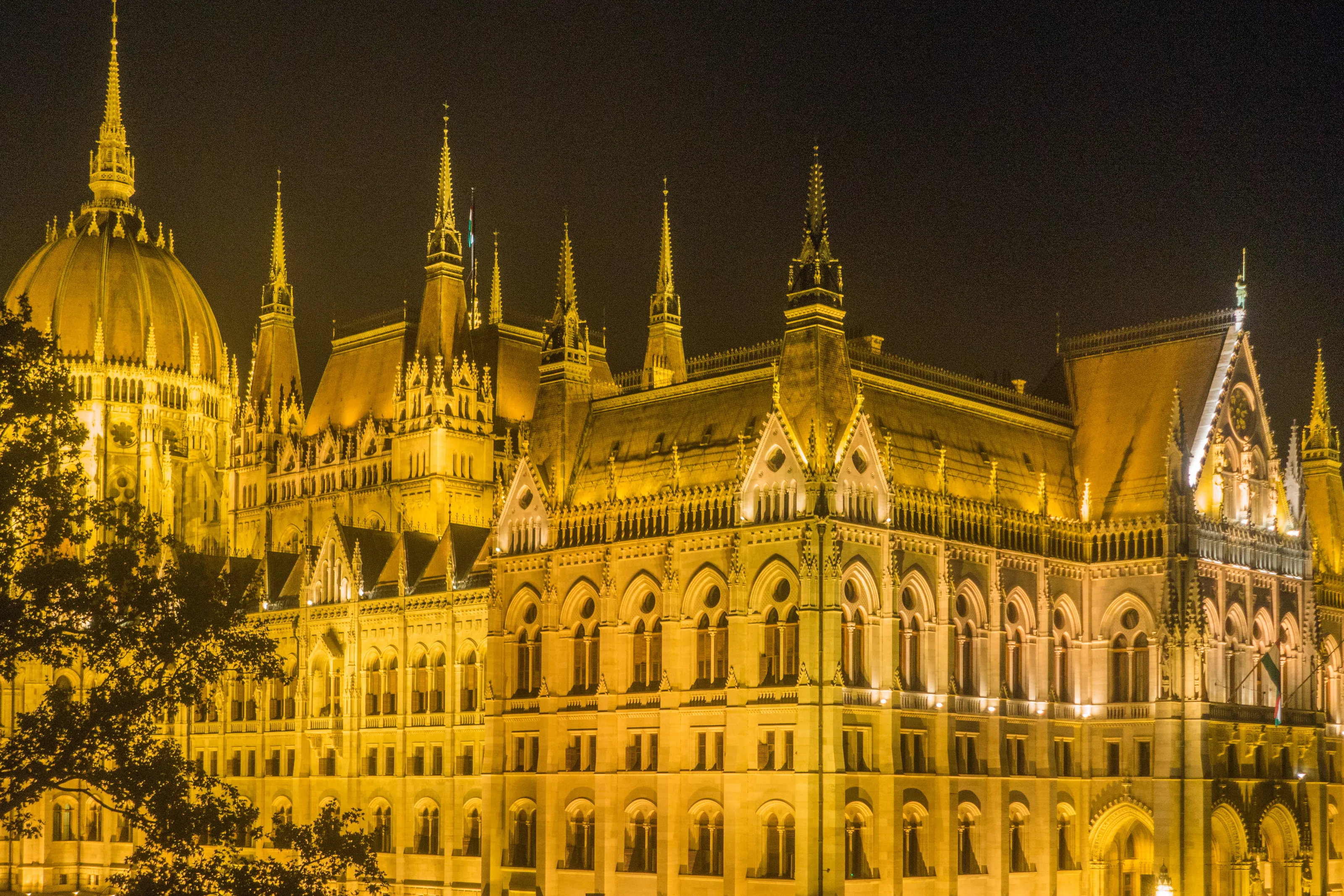 Budapest, Hungary.  Pest. Parliament building illuminated at night.