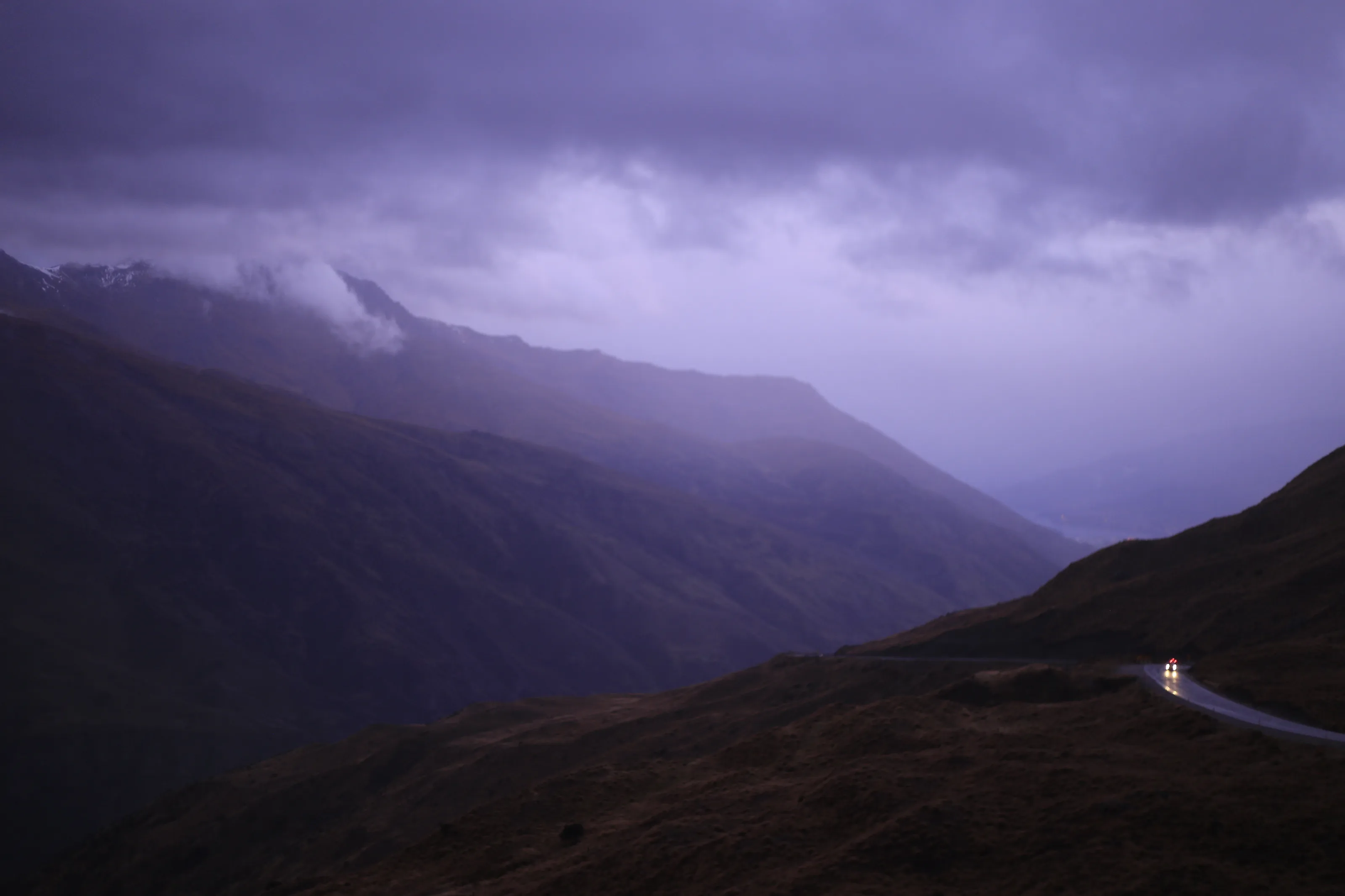 Purple mountains shrouded in mist