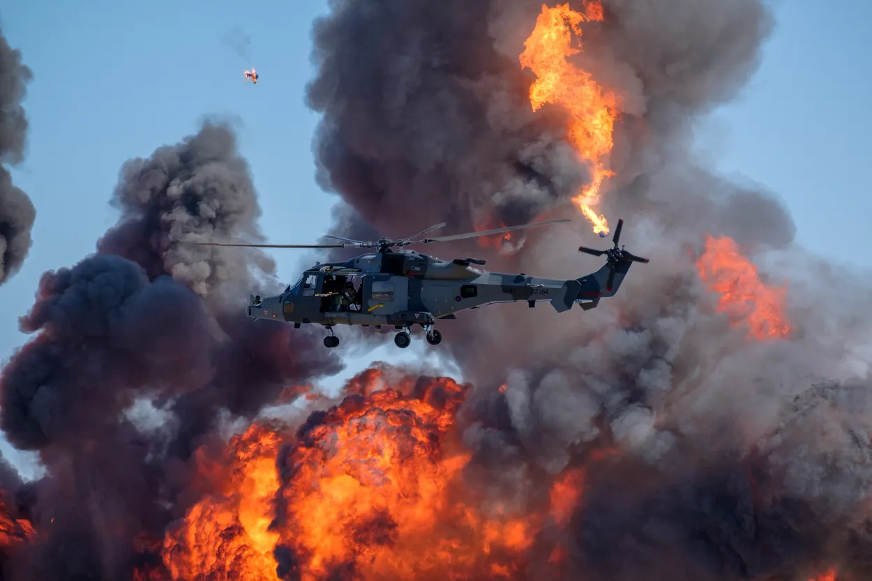 Fireball - the Final Battle of the day - RN Wildcat AH-1 at RNAS Yeovilton Air Day 7 July 2018
