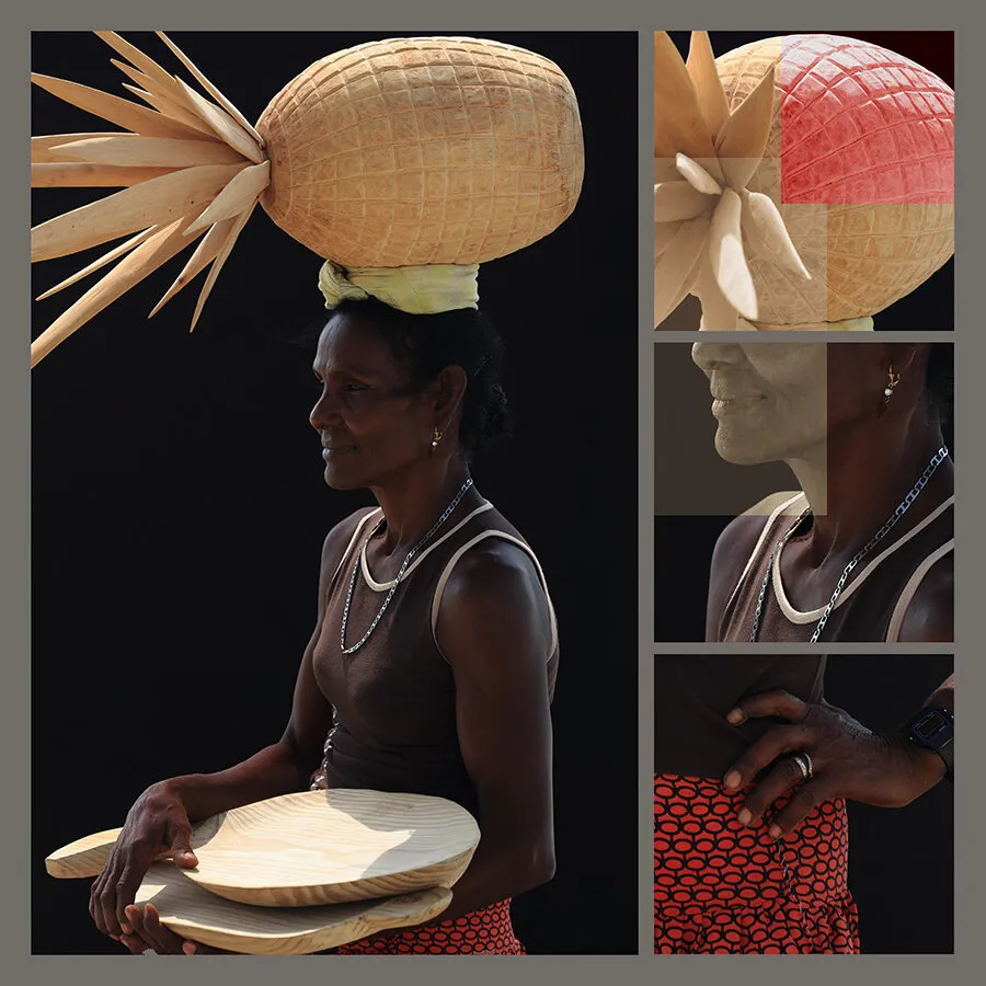 Woman an wooden pineapple