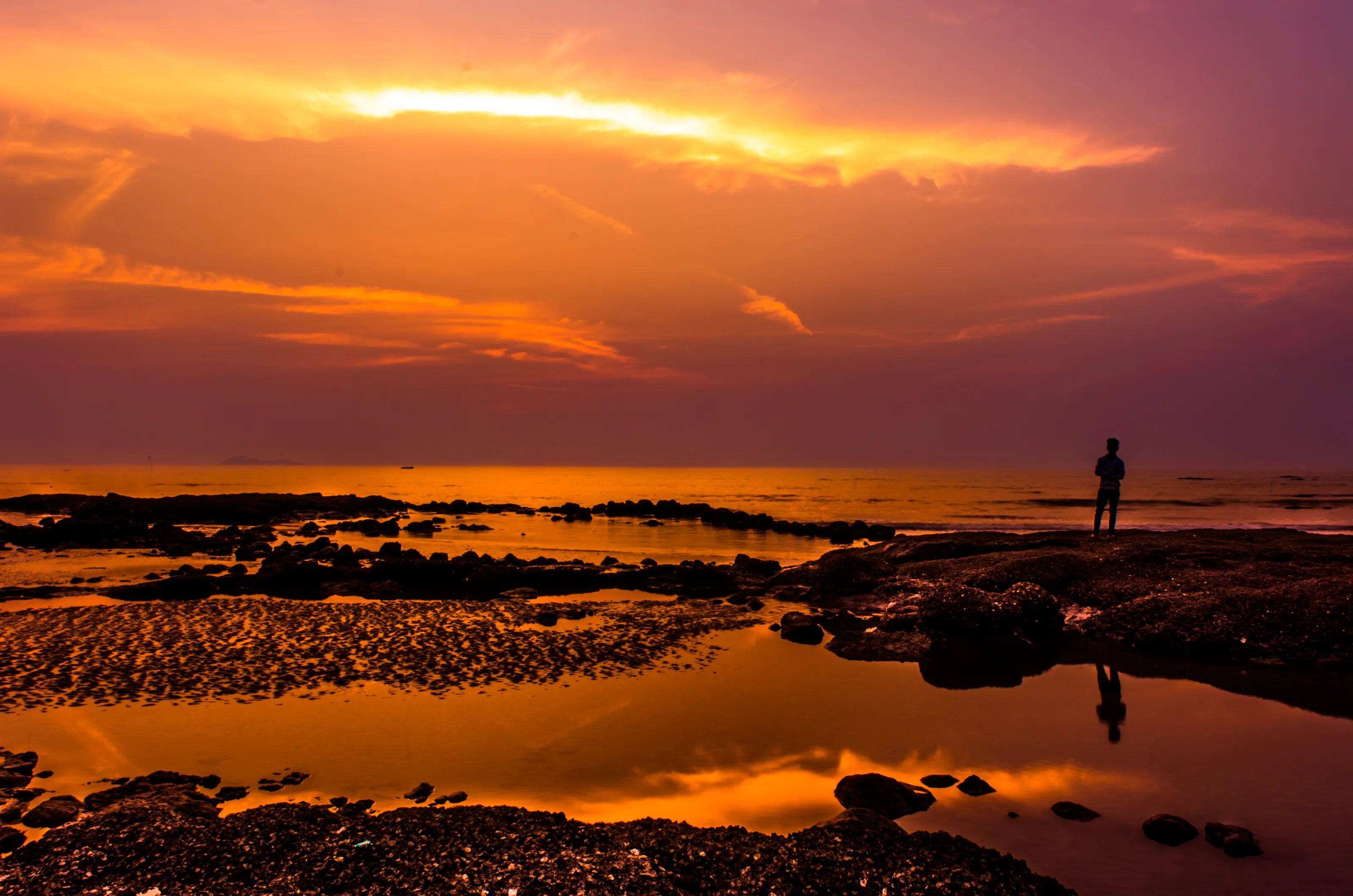 Sunset with Clear Reflection of a Lonely  Man.