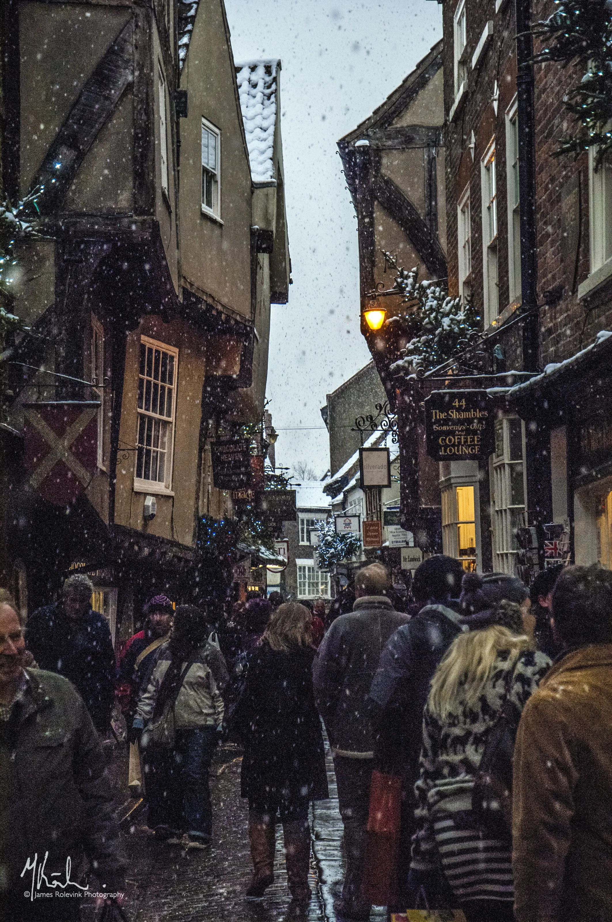 The Shambles, York in Christmas snow and lights