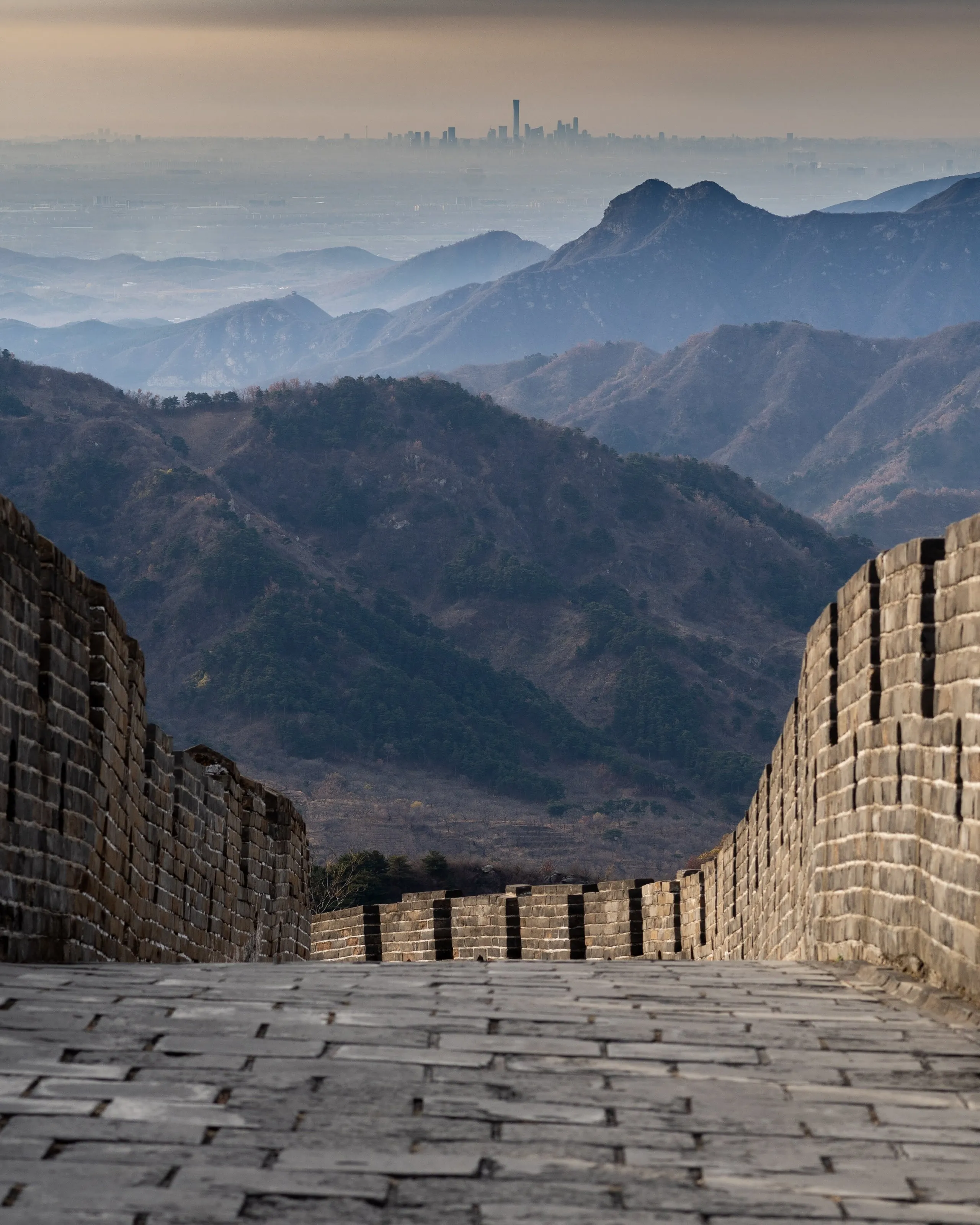 View of downtown Beijing from upon the great wall of China