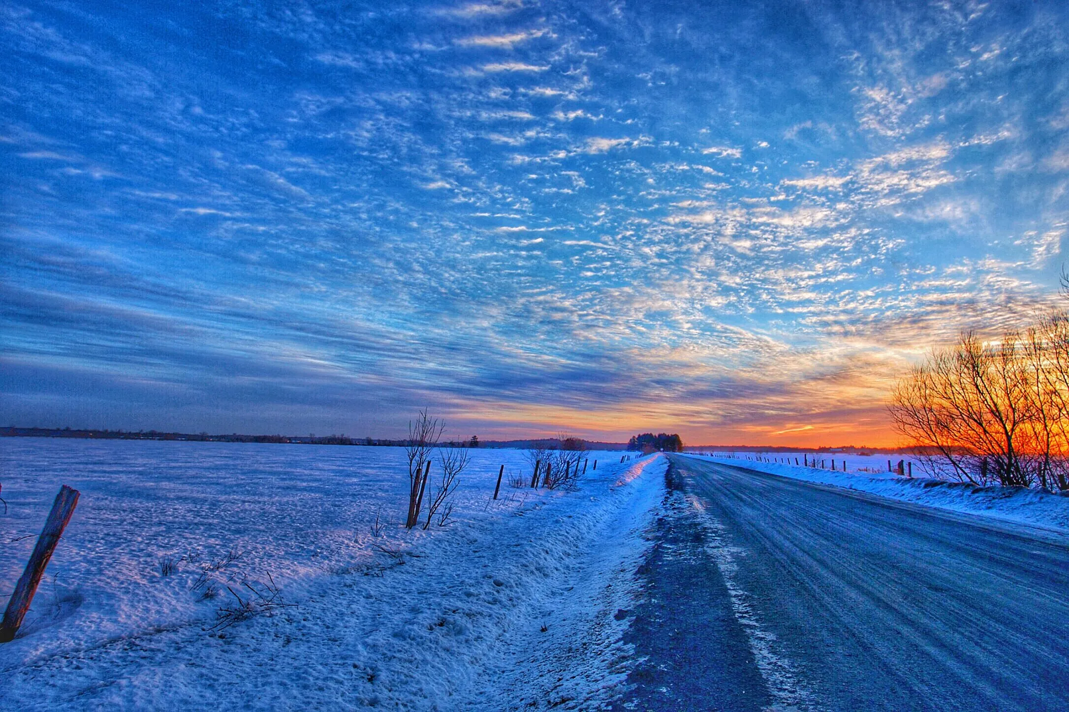 Winter sunrise on a country road