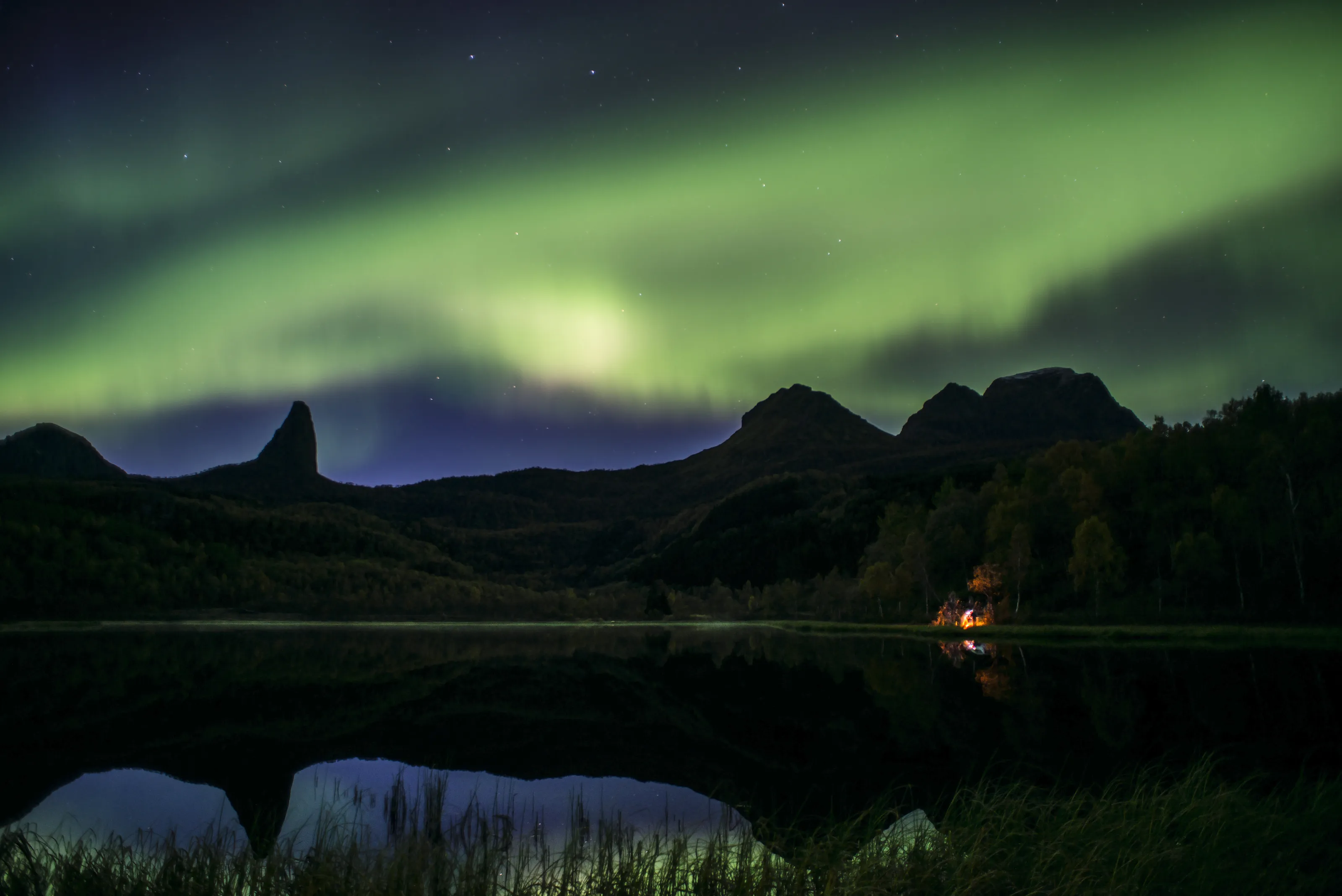 Evening i nothern Norway with fire and polar light.