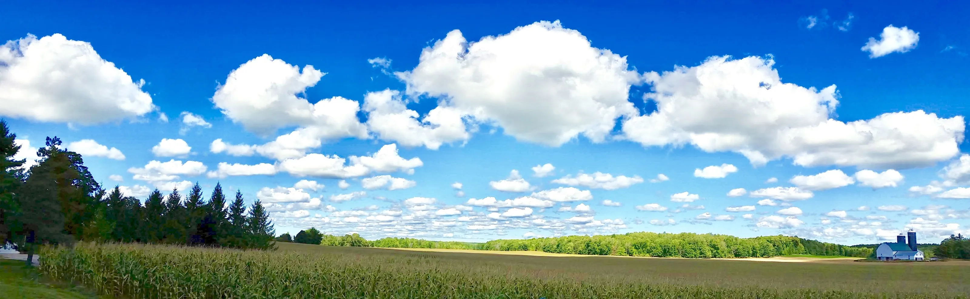 Fall Harvest Rural Landscape with Blue Sky and Fluffy Clouds