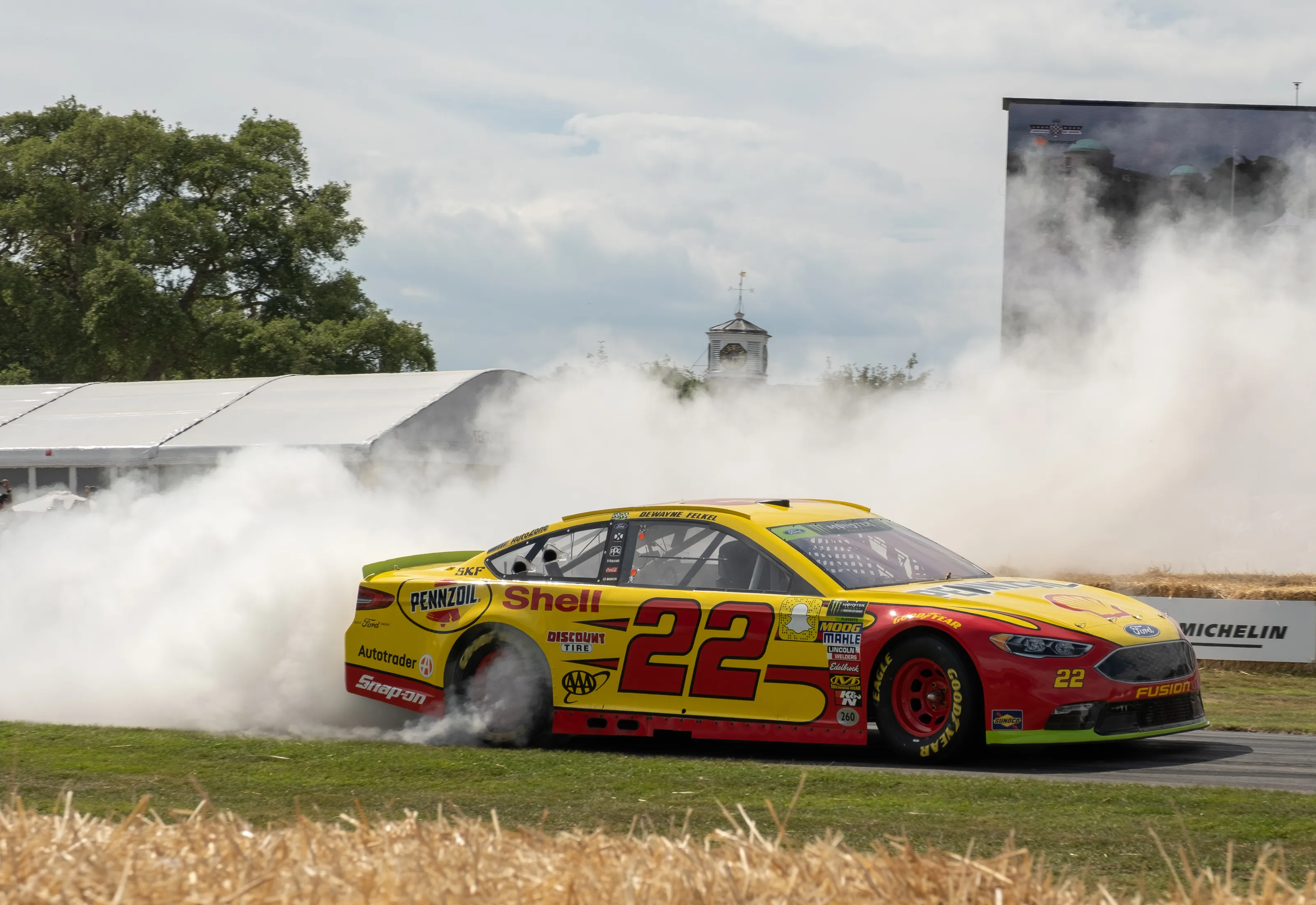 Joey Logano’s #22 Ford NASCAR does a burnout at Goodwood Festival of Speed 2019