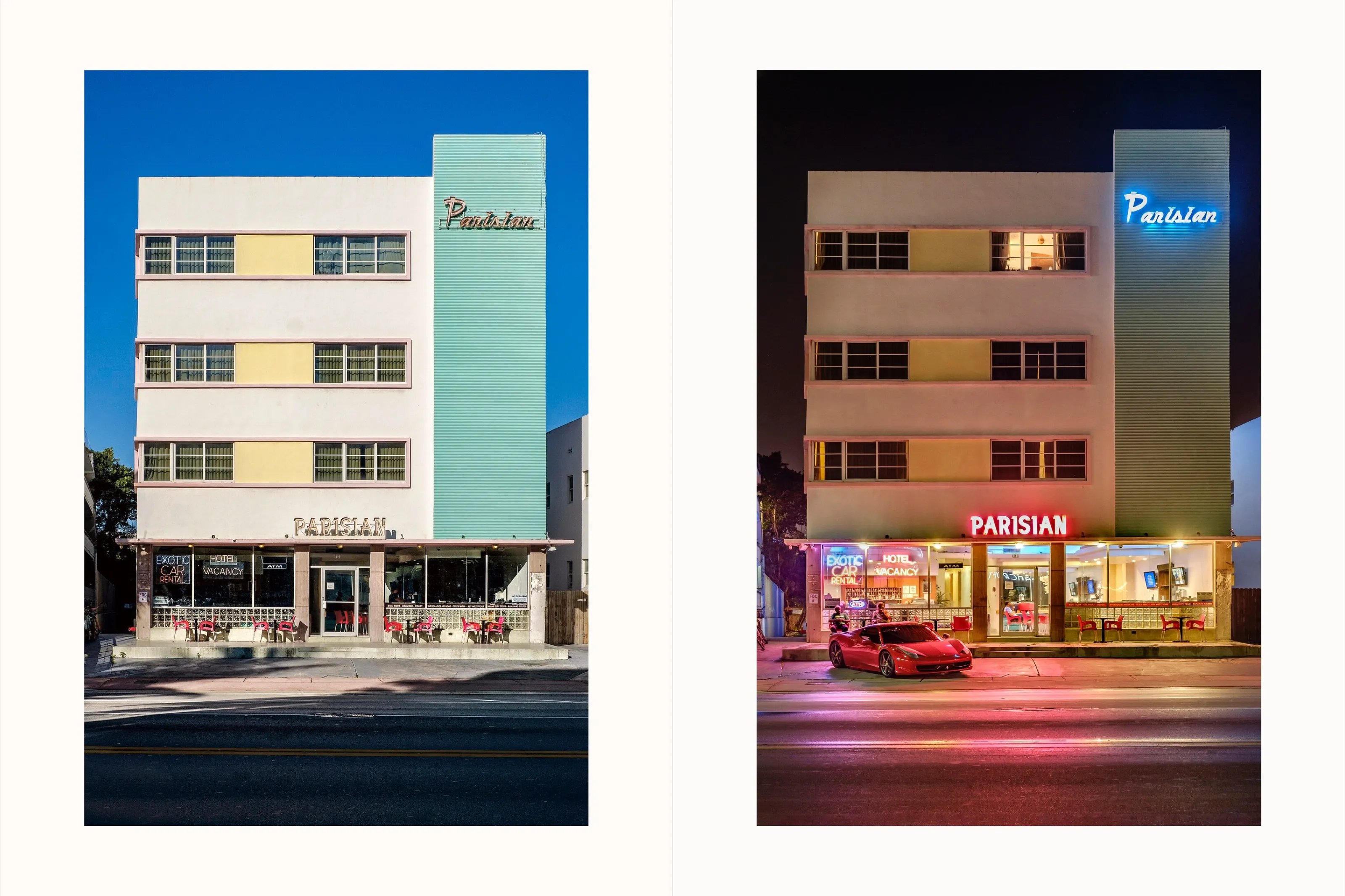 The Parisian Hotel, Collins Avenue, Miami Beach, Florida. By day and by night.