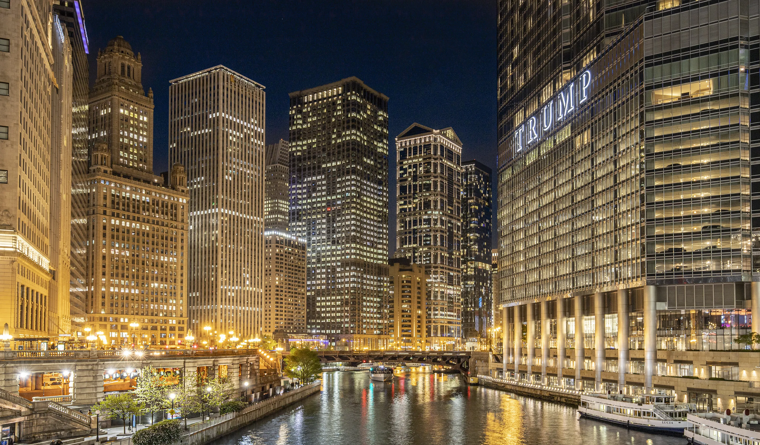 Chicago River and Skyscrapers at night