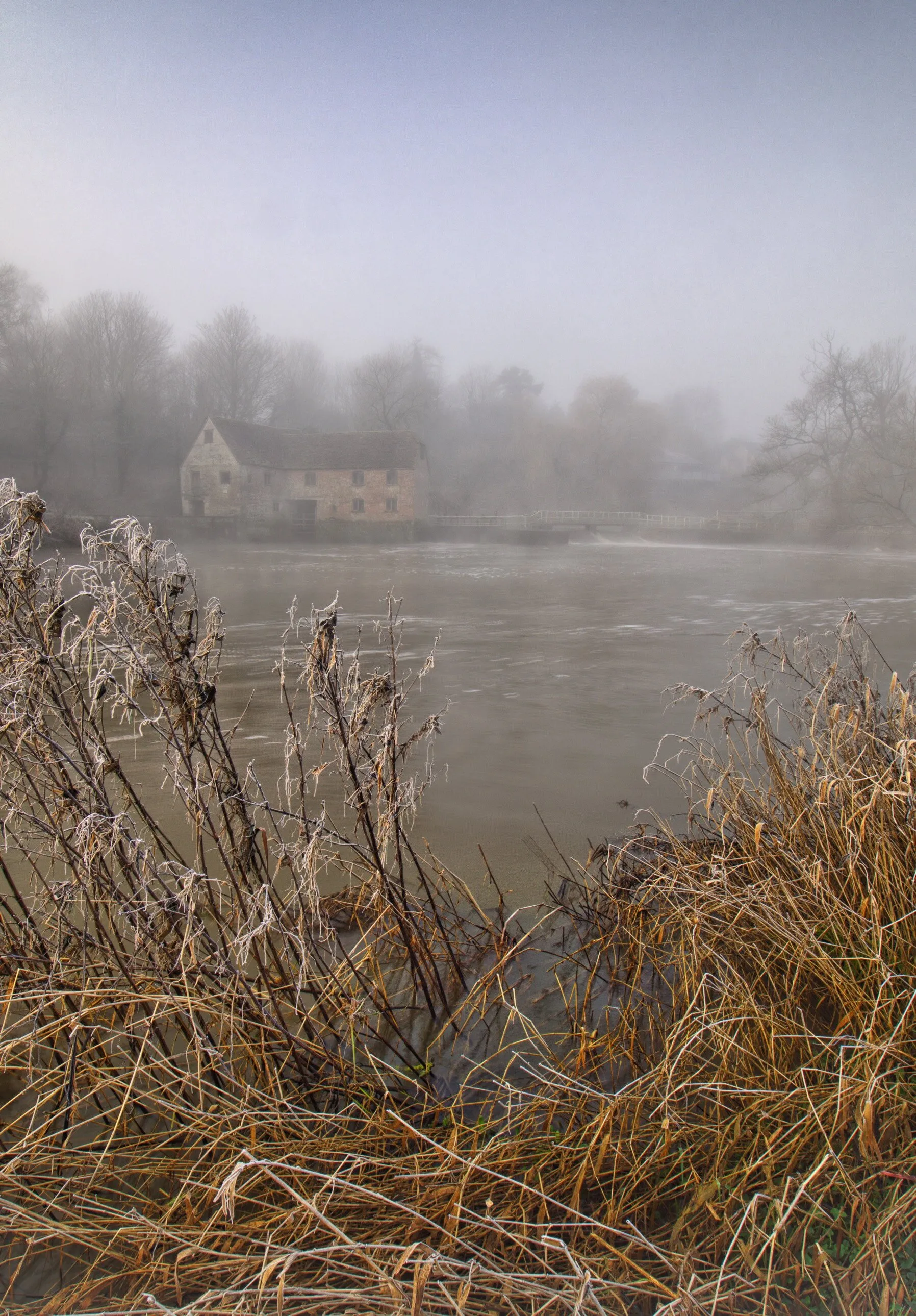 Sturminster Newton Mill in the bleak conditions of winter.