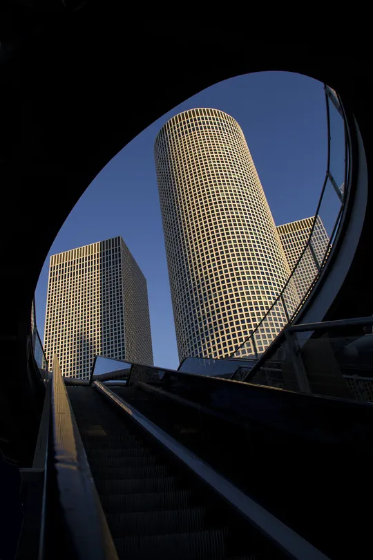 Modern Buildings view through pedestrians bridge.