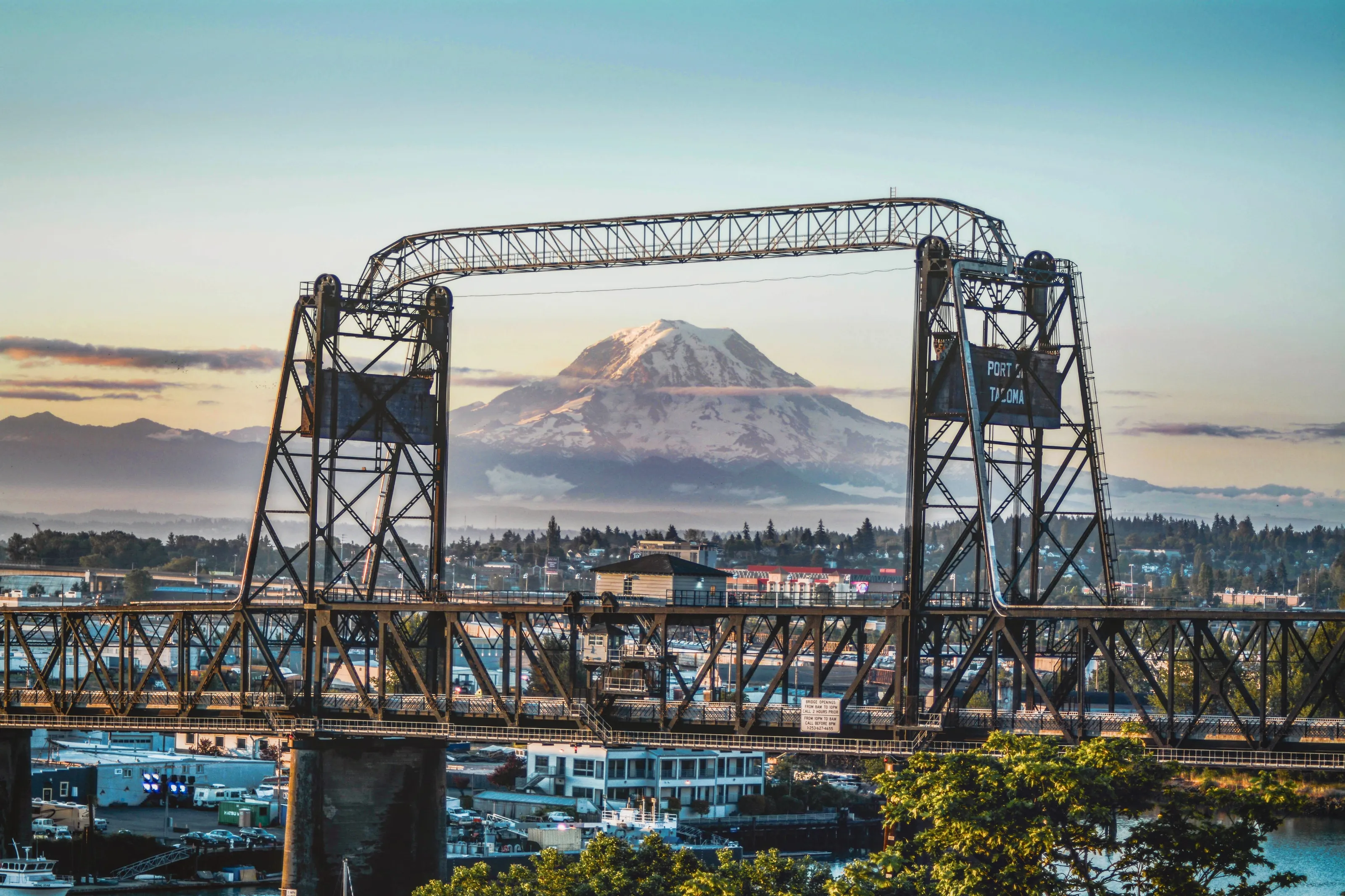 Overlooking the Port of Tacoma and Mount Rainier at Sunrise