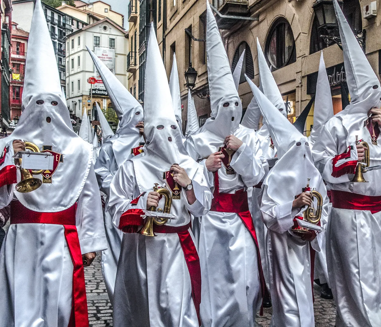 Musicians, Easter religious procession, cathedral, Bilbao, Spain