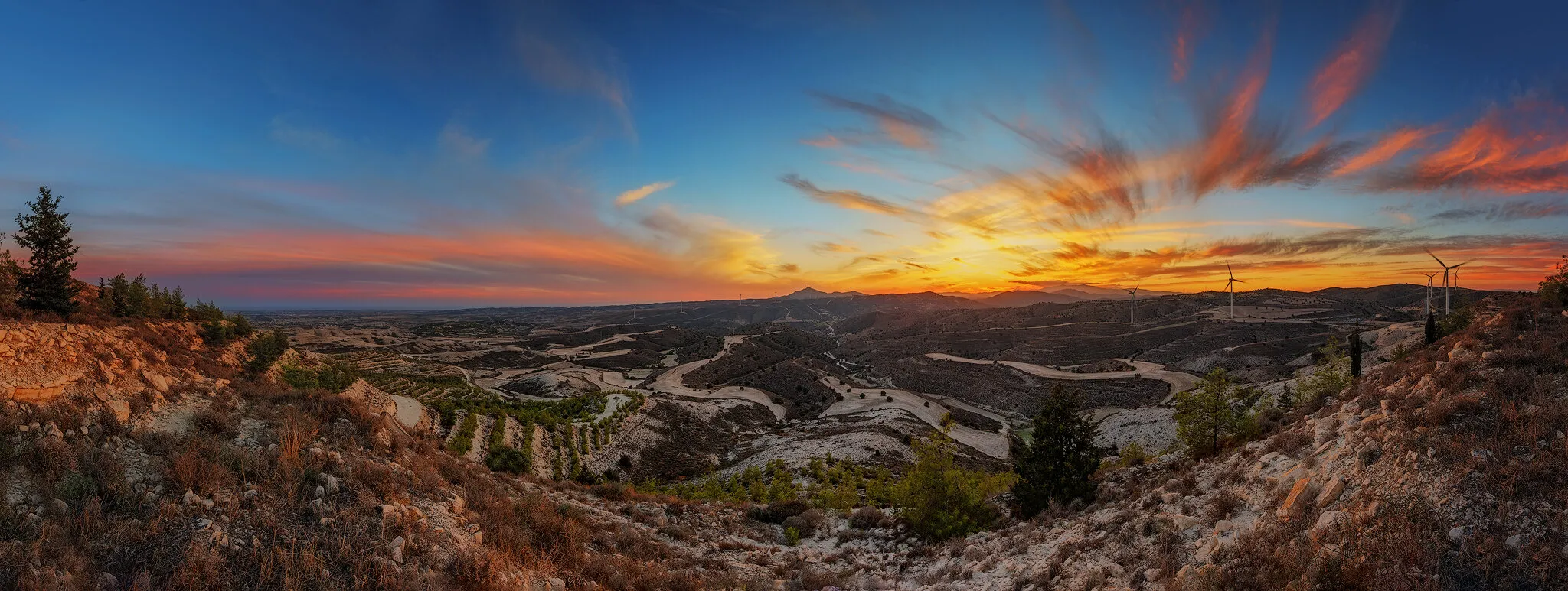 Koshi, Cyprus wind-energy park sunset panorama
