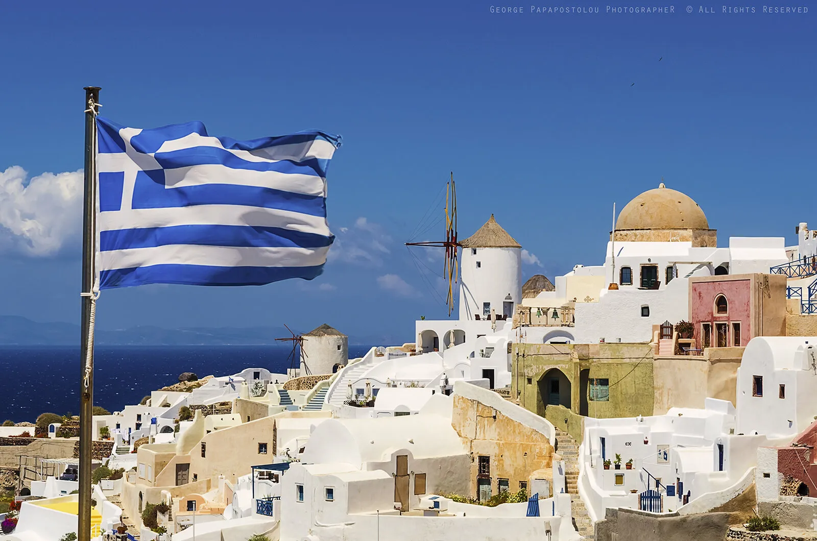 Oia Santorini Greek flag