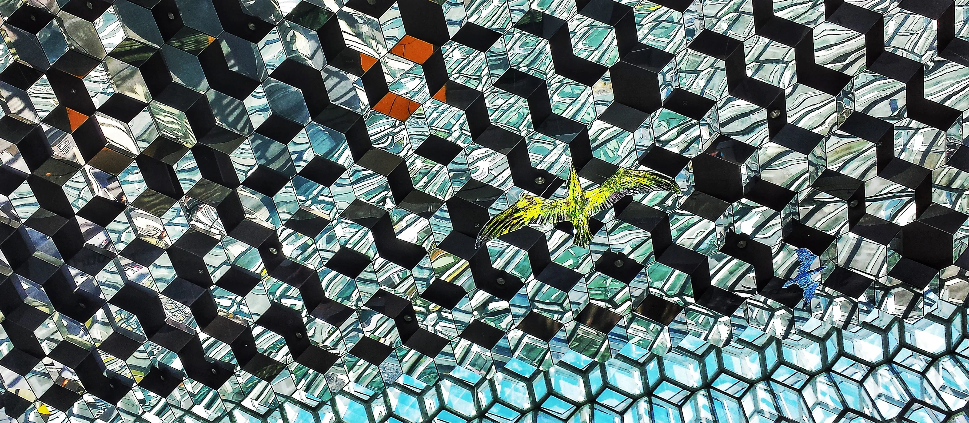 The abstract ceiling of the Harpa concert hall in Reykjavik
