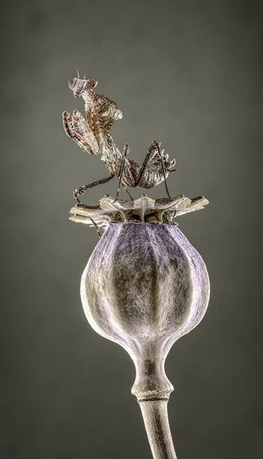 Dead leaf mantis on poppy head