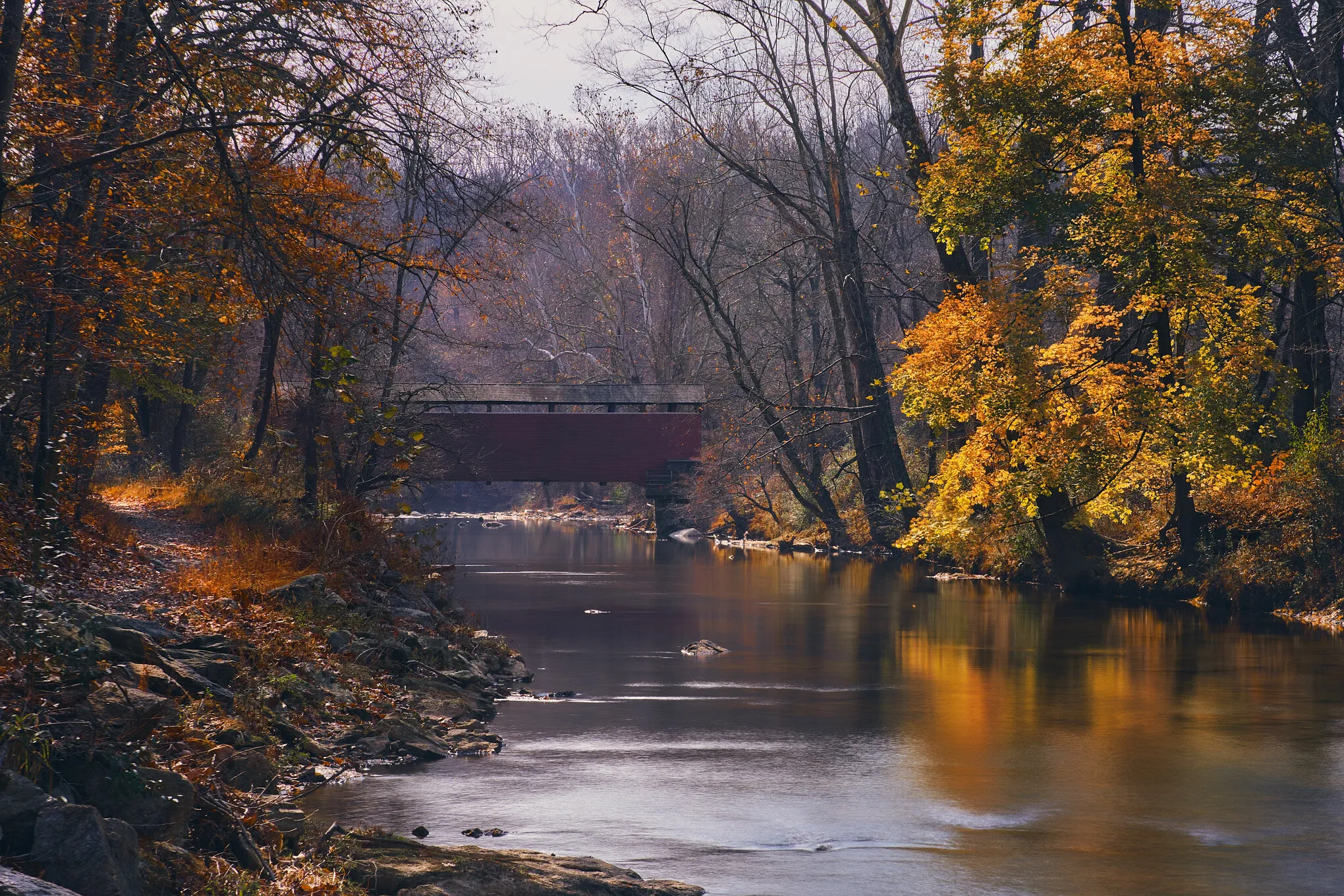 Covered bridge in fall colors