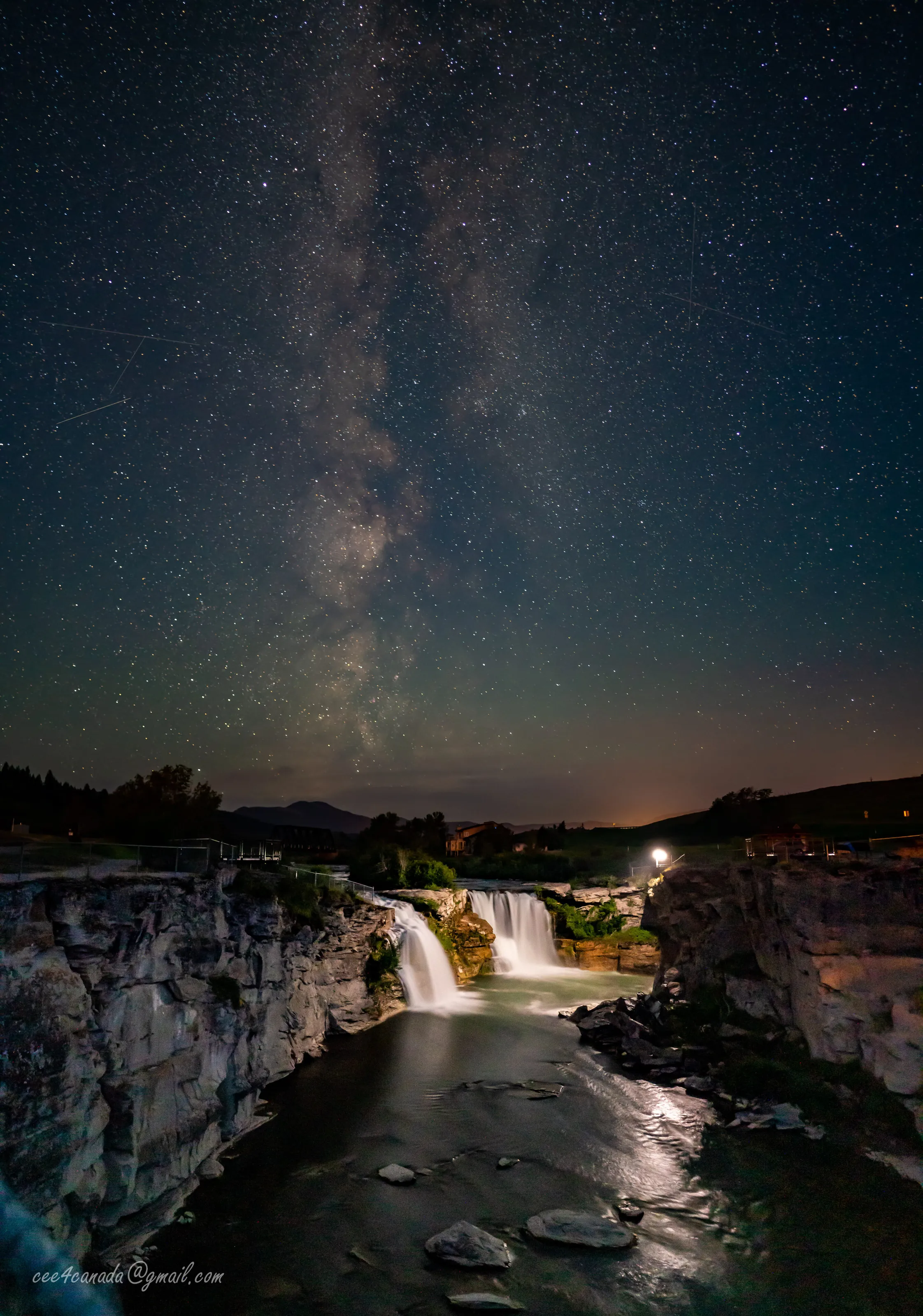 Milky Way hanging over Lundbreck Falls, Alberta Canada