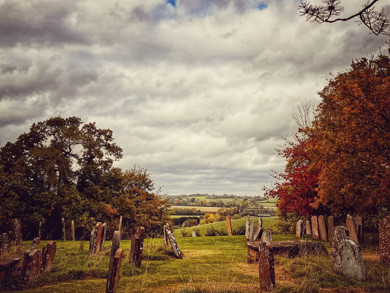 Great Brington church cemetery in the autumn